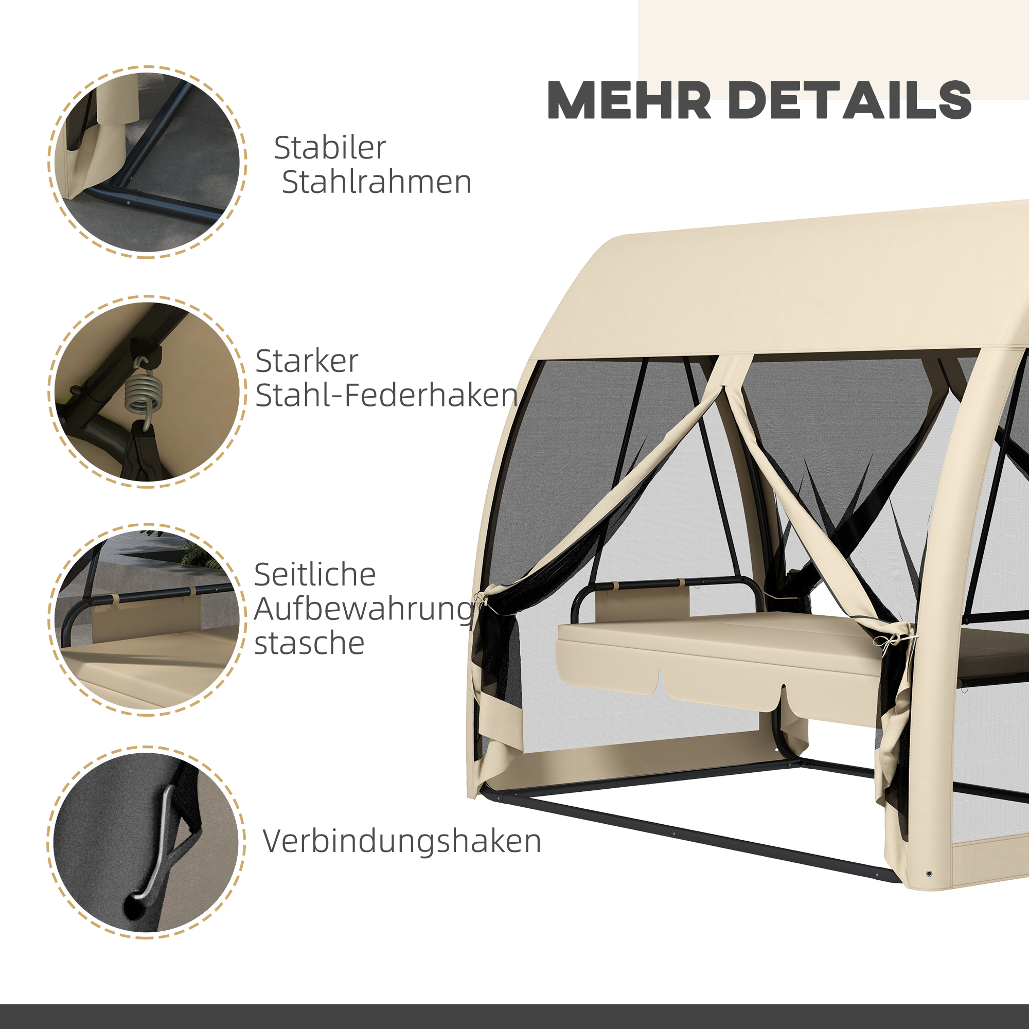3-Sitzer-Terrassen-Schaukel, Veranda-Schaukel mit Bettfunktion, Hollywoodschaukel mit Mückennetz und Stahlrahmen, Kaffee