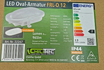 LED Oval-Armatur "FRL-O 12" IP44 / Feuchtraum-Leuchte, 13W, 965lm, 4000K