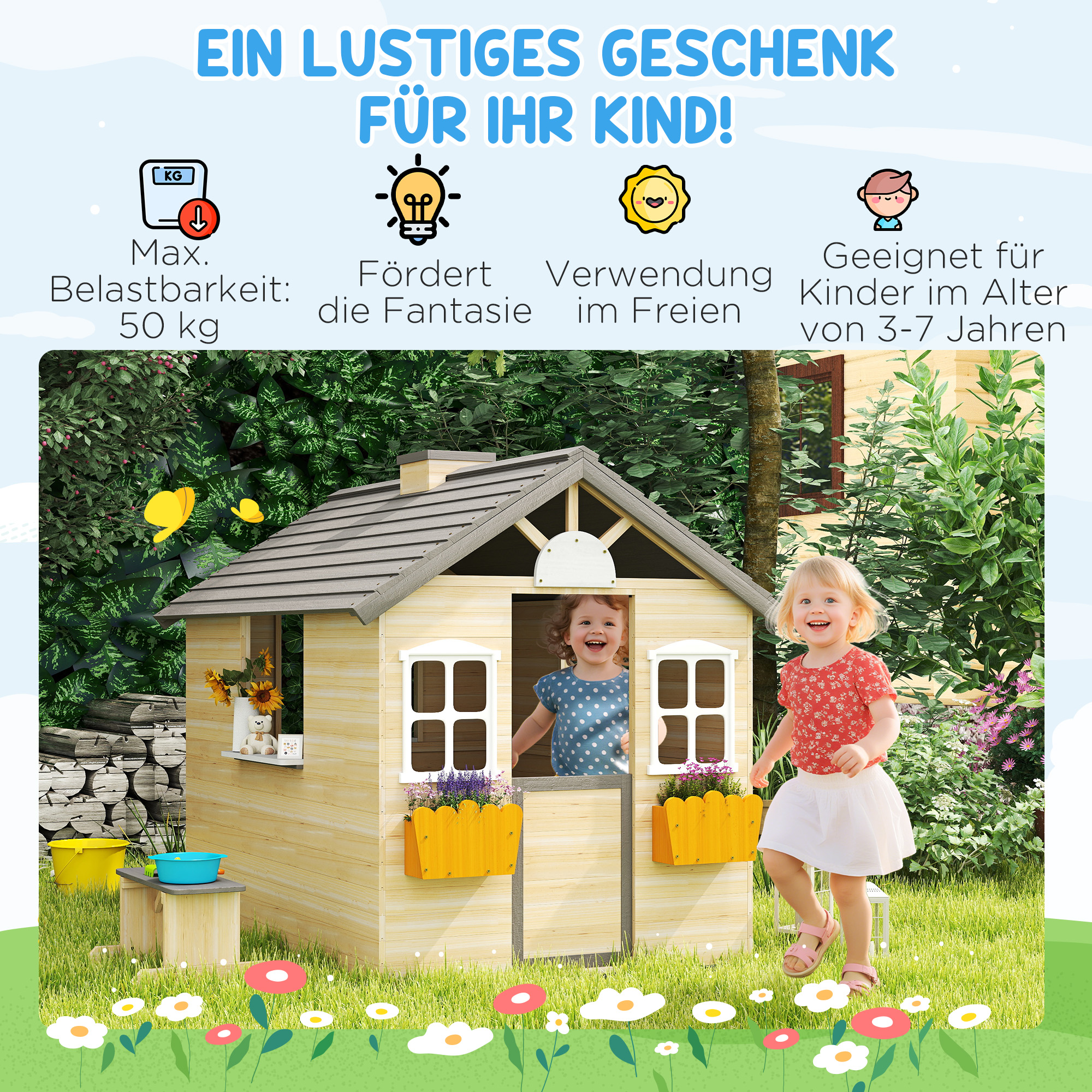 Spielhaus Kinderspielhaus aus Holz mit Tür Fenster Briefkasten Blumentopfrack Gartenhaus für Jungen und Mädchen 3-7 Jahre Kinderspielzeug für Outdoor & Indoor Natur
