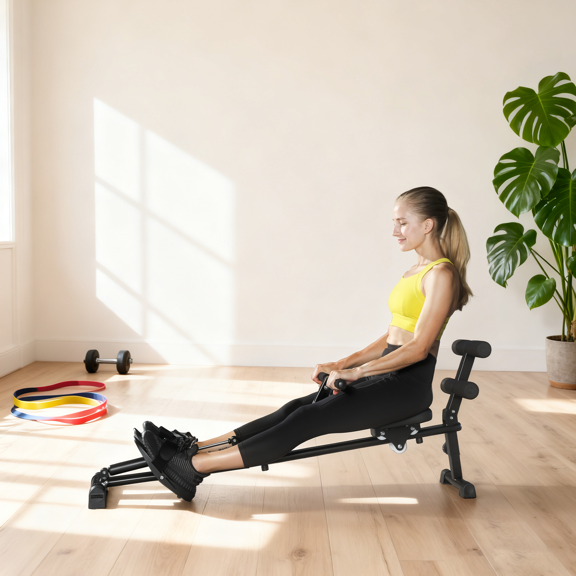Rudermaschine, Rudergerät für Situps, 12-stufig verstellbar, 2-in-1 Kardiogerät, LCD-Anzeige, Stahl, Kunststoff, Schwarz