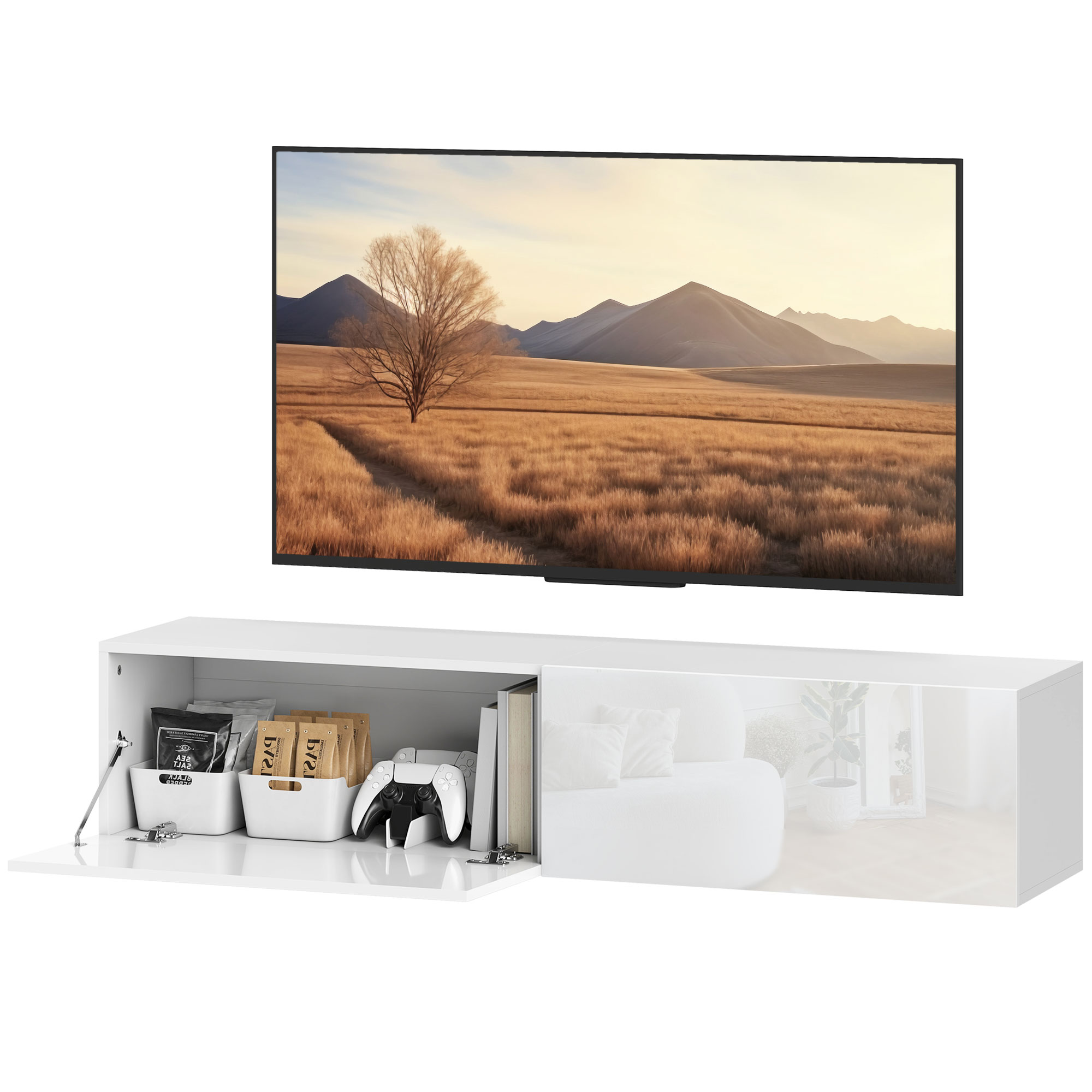 Wandmontierter TV-Schrank, schwebende TV-Kommode mit viel Ablagefläche und Stauraum, Spanplatte, Weiß Wandmontierter TV-Schrank, schwebende TV-Kommode mit viel Ablagefläche und Stauraum, Spanplatte, Weiß