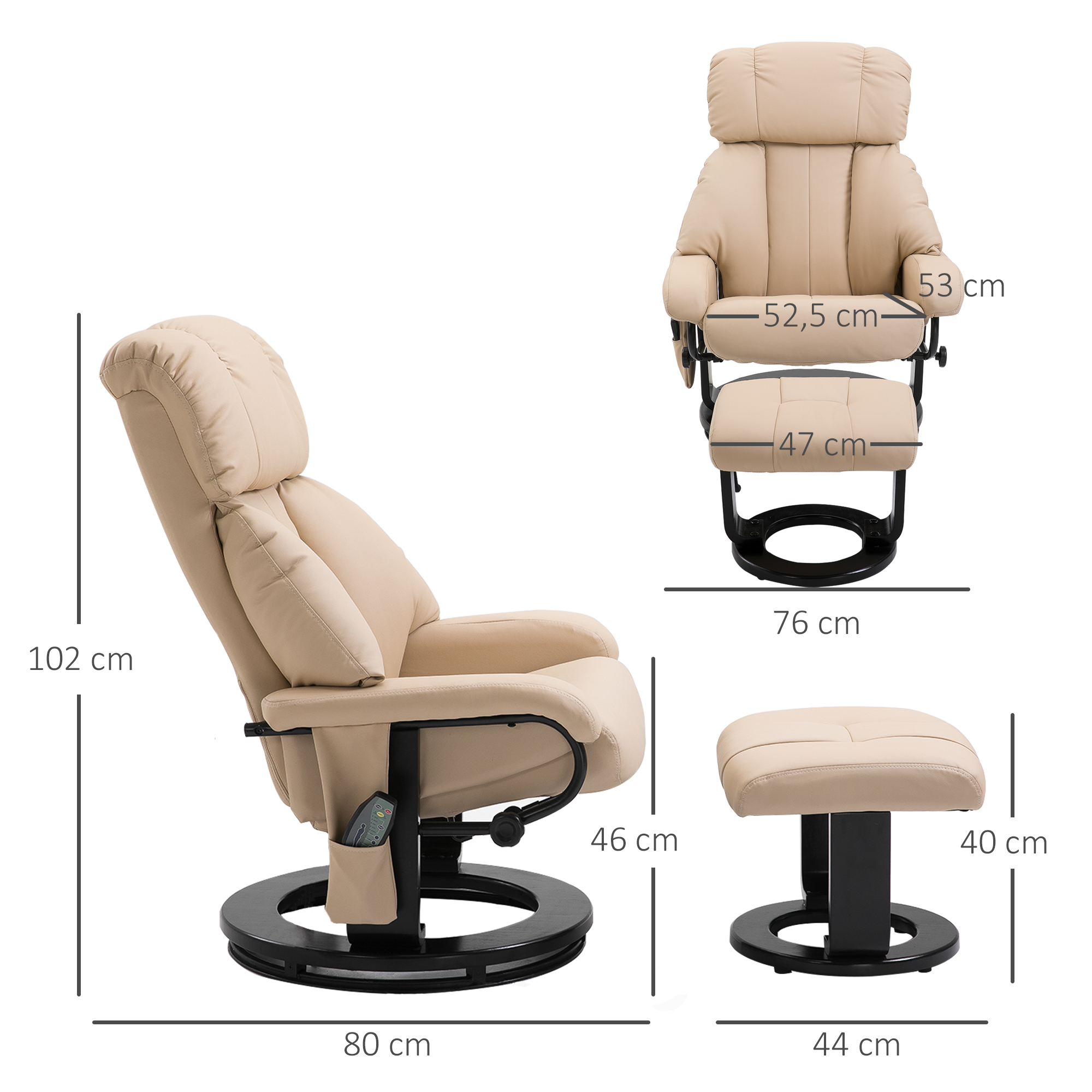 Relaxsessel mit Hocker, drehbarer Fernsehsessel mit Massagefunktion, Liegefunktion, Massagesessel mit Fernbedienung, Seitentasche, Ruhesessel aus Kunstleder für Wohnzimmer Cremeweiß