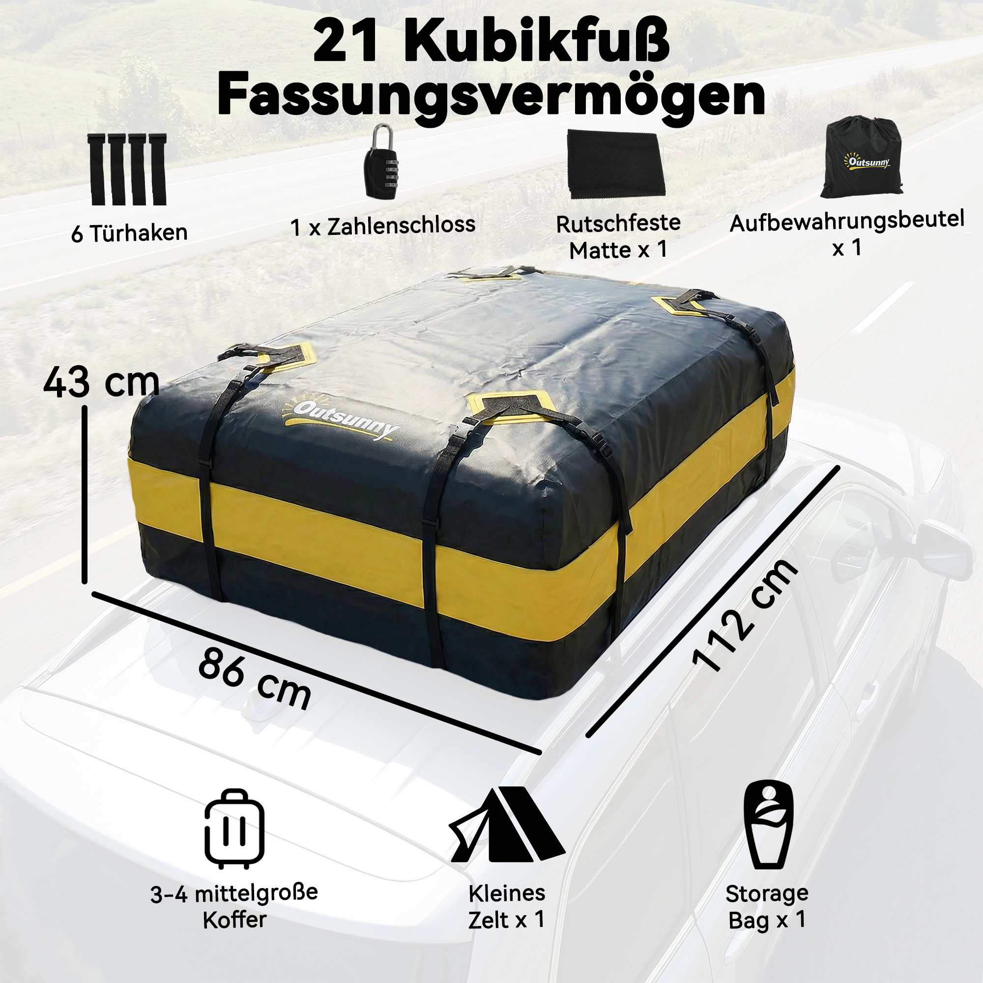 wasserdichte Dachbox Auto 425L für Fahrzeugdächer mit/ohne Gepäckträger Gepäckbox mit 8 Verstärkte Gurte Türhaken Gelb