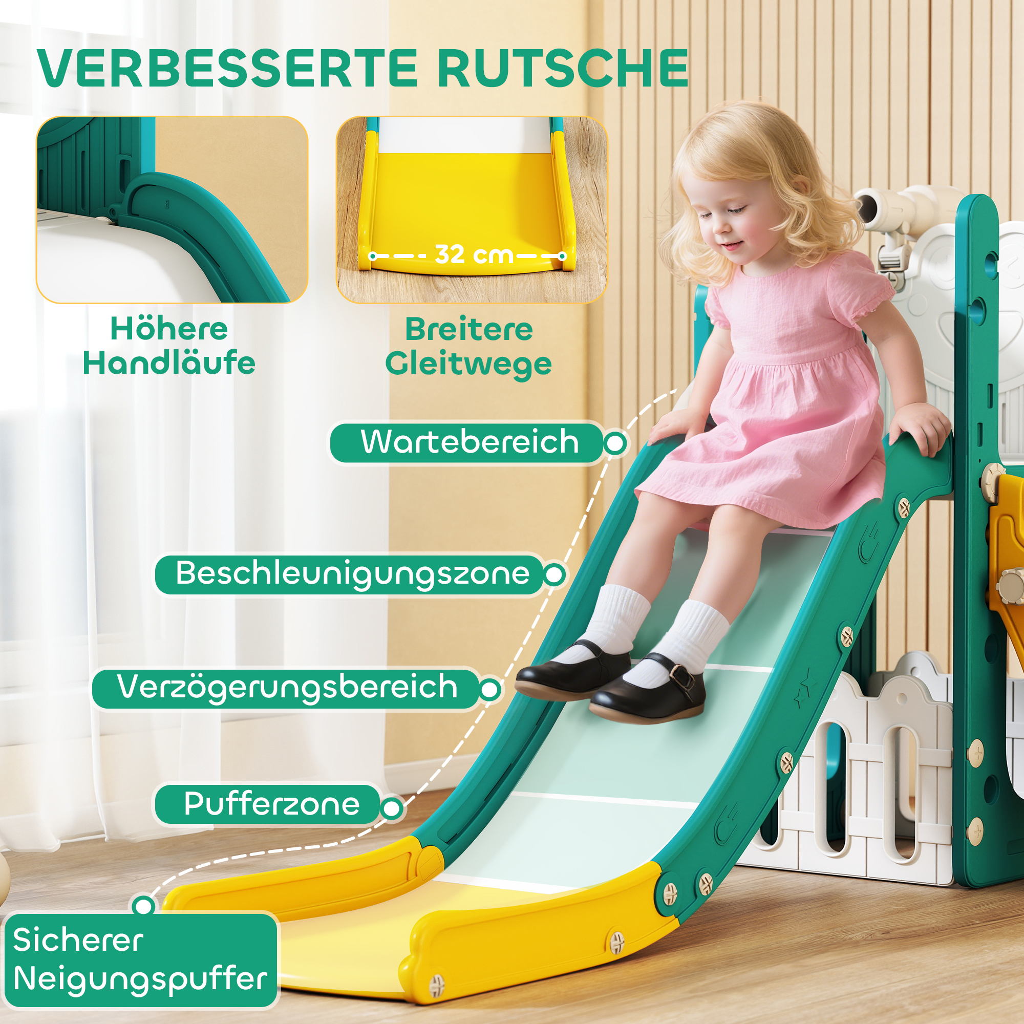 5-in-1 Kinderrutschenset, Teleskop, Basketballkorb, Kunststoff, Gelb+Grün
