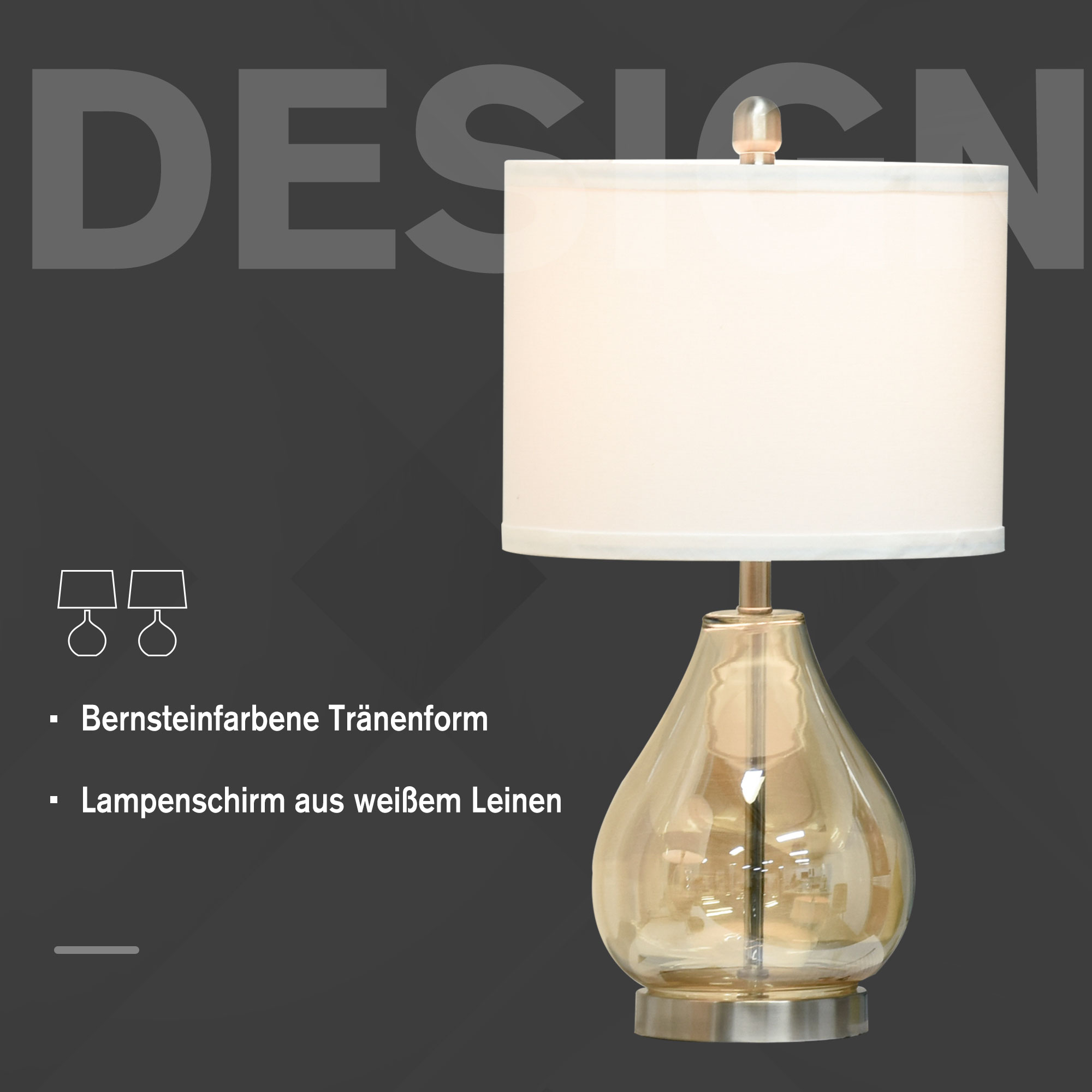 Tischlampe 2er-Set Tischleuchte mit Leinen-Lampenschirm, Glas tropfenförmigen Stangen, Nachttischlampe mit E27-Fassung, für Schlafzimmer, Wohnzimmer, Weiß