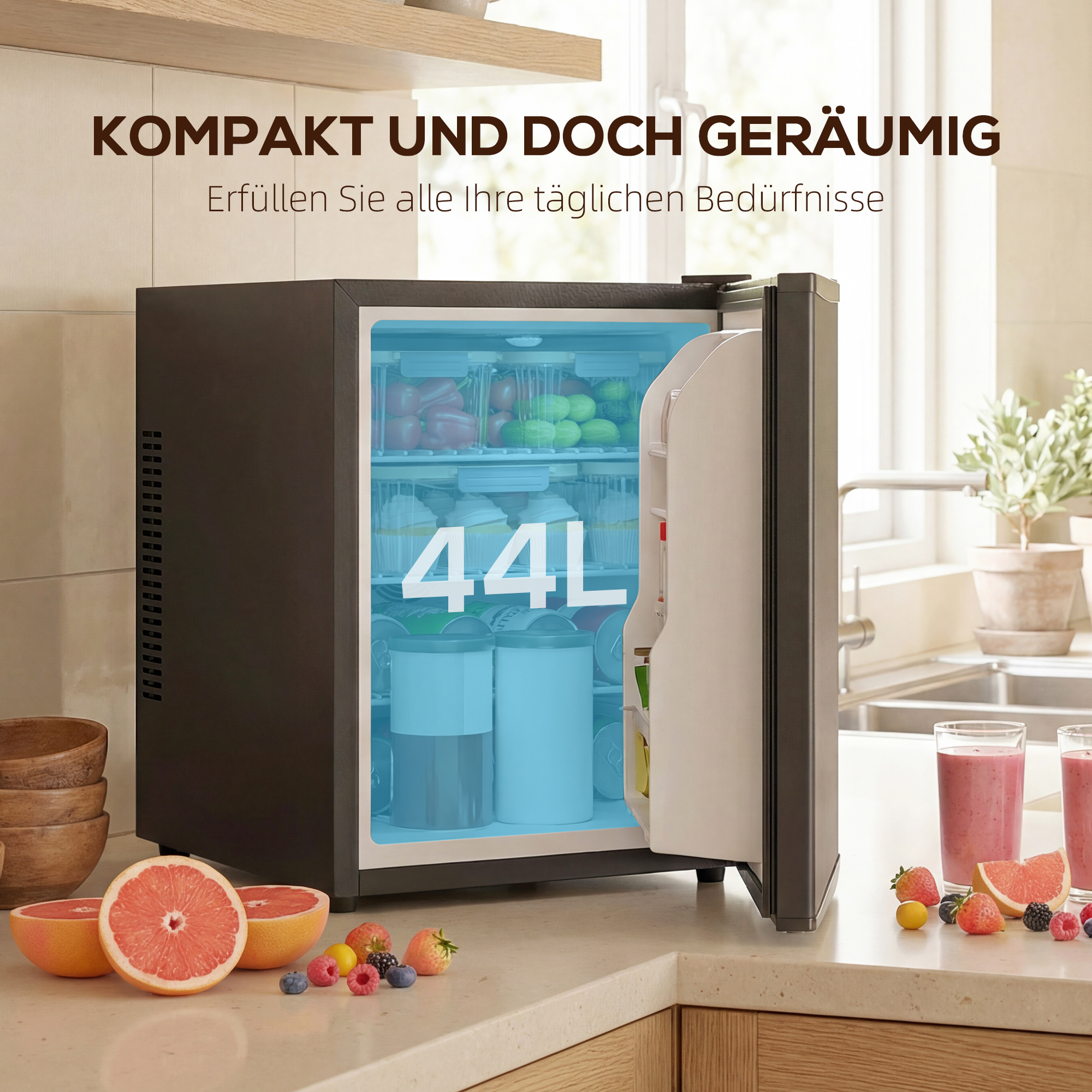 Mini Kühlschrank 44L/46 Dosen Kleiner Kühlschrank mit einstellbarem Thermostat 43 x 51 x 51,3 cm, Schwarz