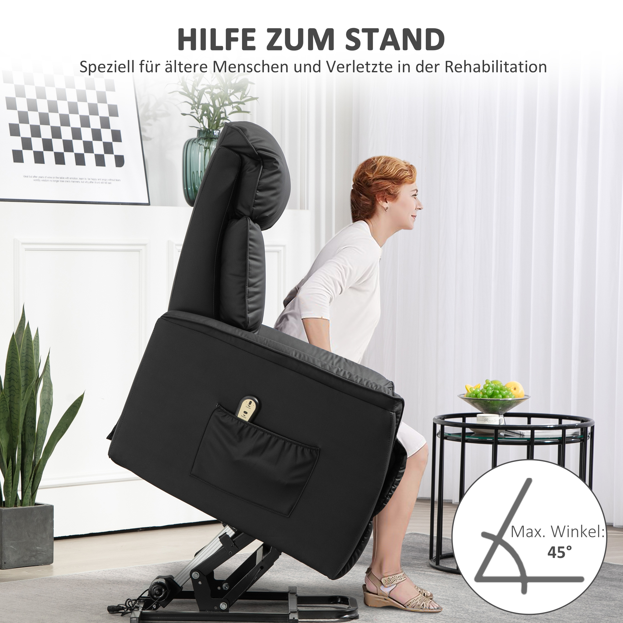 elektrischer Aufstehsessel, Fernsehsessel, Sessel mit Aufstehhilfe, Liegefunktion, Kunstleder, 80 x 94 x 104 cm, Schwarz