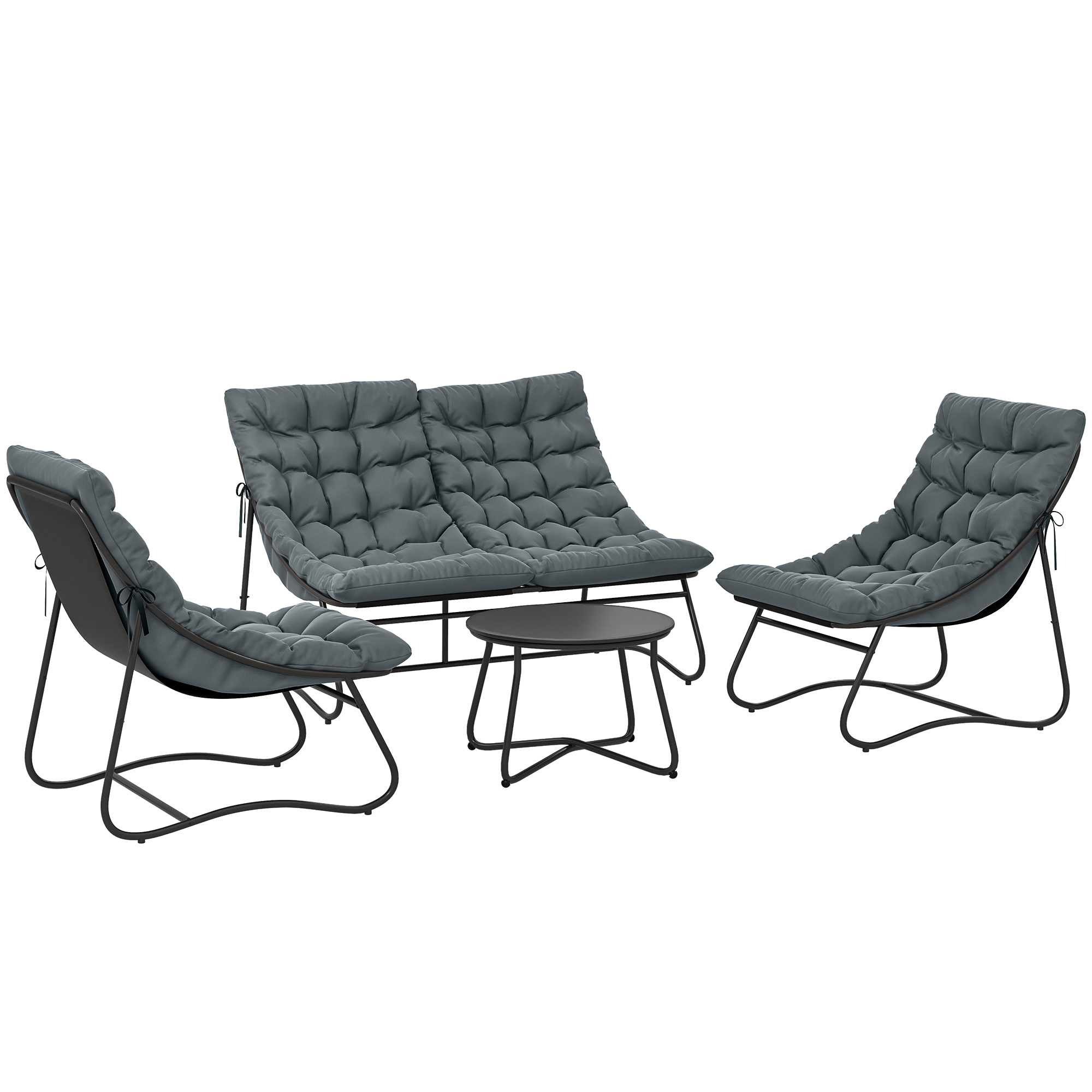 4-Sitzer Gartenmöbel-Set, 2 Stühle, 1 Doppel-Sofa, 1 Tisch, dicke Kissen, Stahlrahmen, für Terrasse, Grau