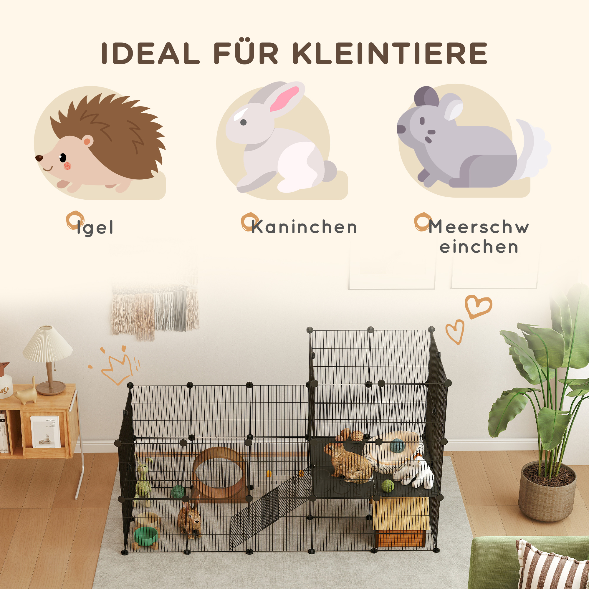 Gehege für Zwergkaninchen, 39-Paneel-Stall für kleine Haustiere, mit Rampe, für Kleintiere, Indoor, Schwarz