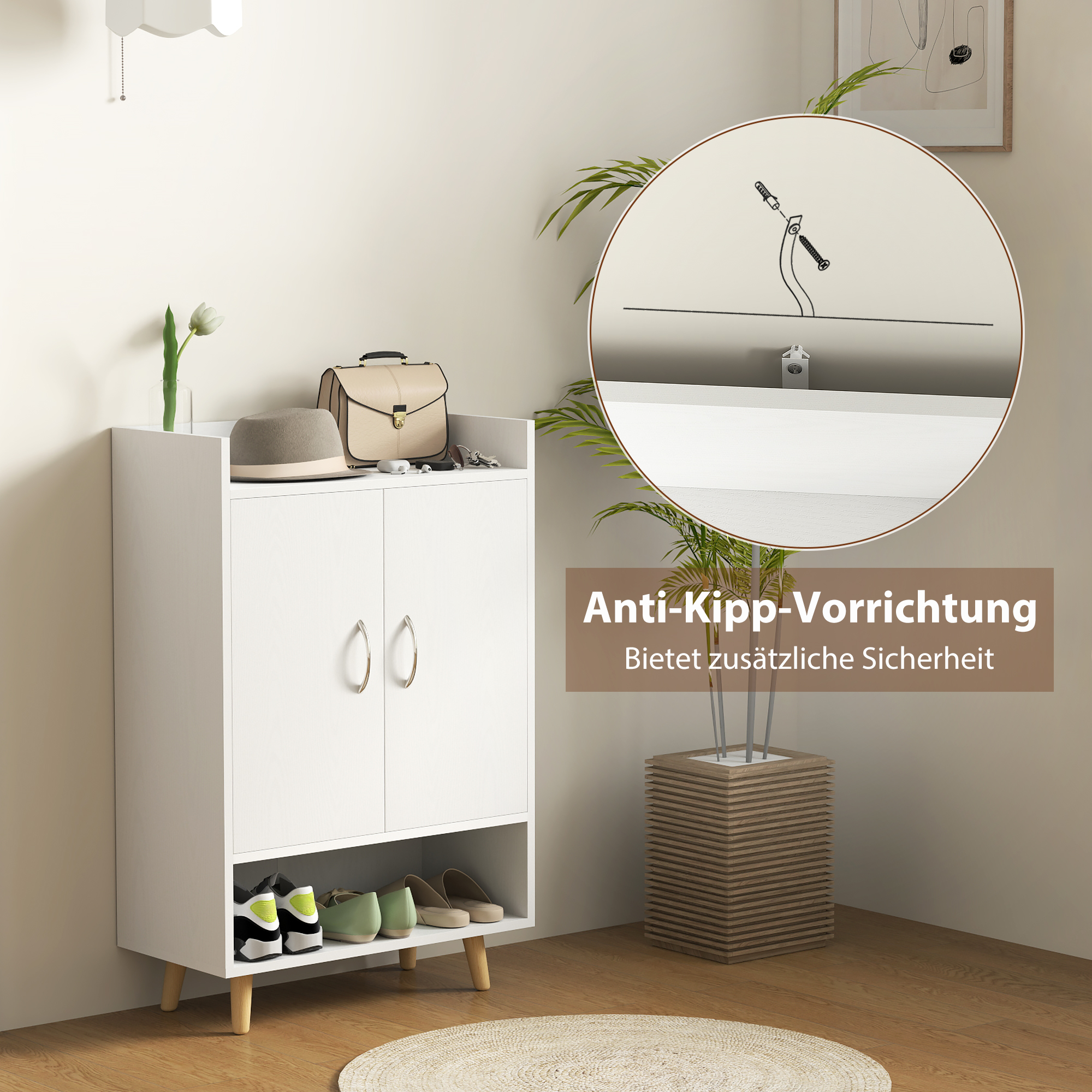 Schuhschrank, Schuhregal mit Türen und Regalen, für Flur, moderne Schuhkommode, Schuhablagen, 60 x 30 x 92 cm, Weiß