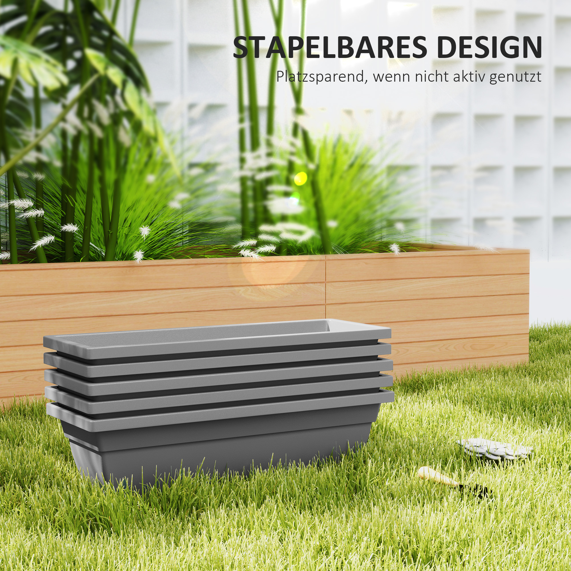 5er-Set Blumentöpfe, Pflanzengefäße aus Kunststoff für Terrasse, Garten, Balkon, 59 x 21 x 16 cm, Grau