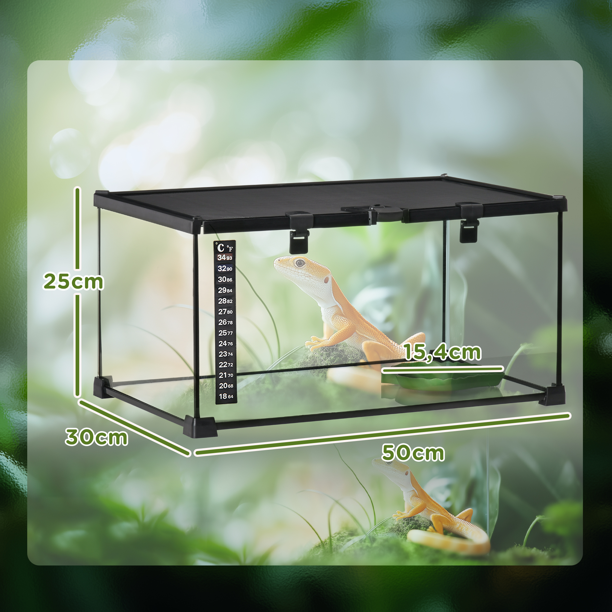 Reptilienbox Terrarium, inkl, Streifenthermometer, Fütterungsklappen, 50 cm x 30 cm x 25 cm, Glas + Metall, Schwarz
