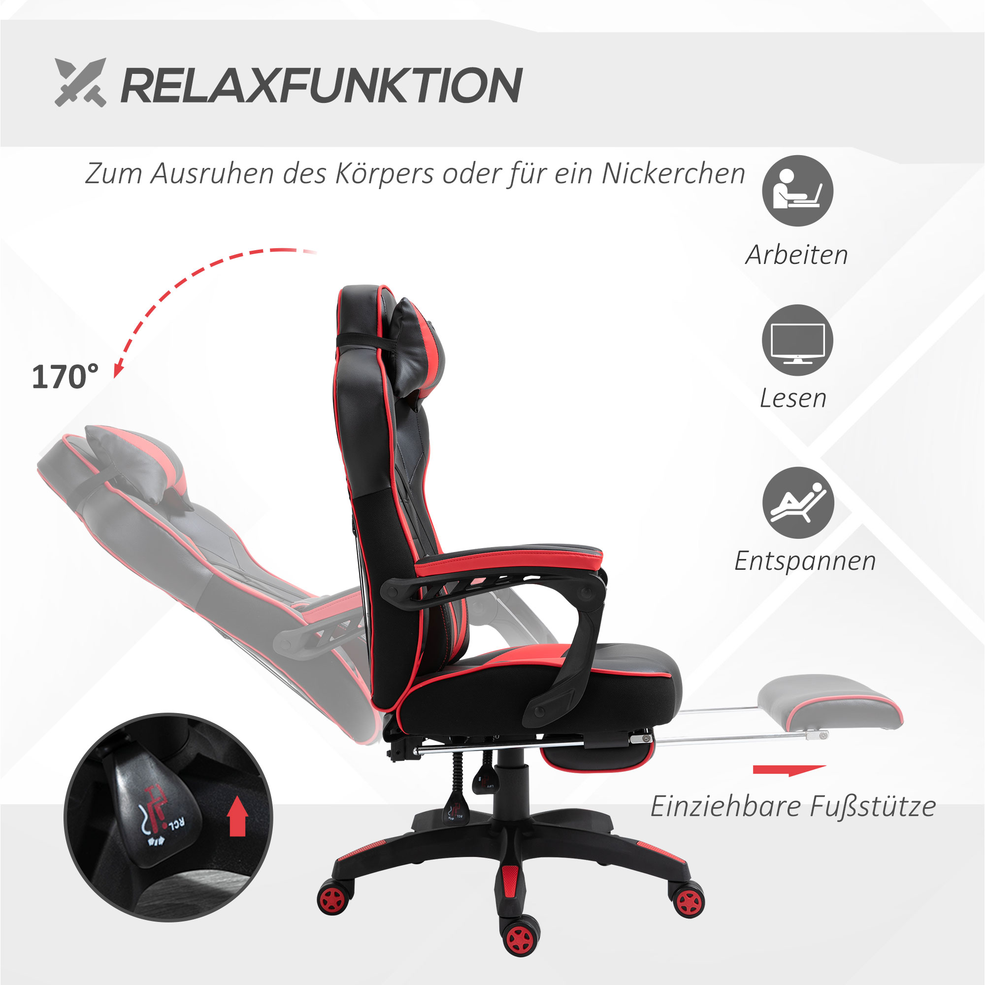 Ergonomischer Bürostuhl, Gaming Stuhl, Drehstuhl mit einziehbare Fußstütze und verstellbarer Rücken Schaumstoff+PU-Leder+Metall, Schwarz+Rot, 65 x 70 x 118,5-128,5 cm