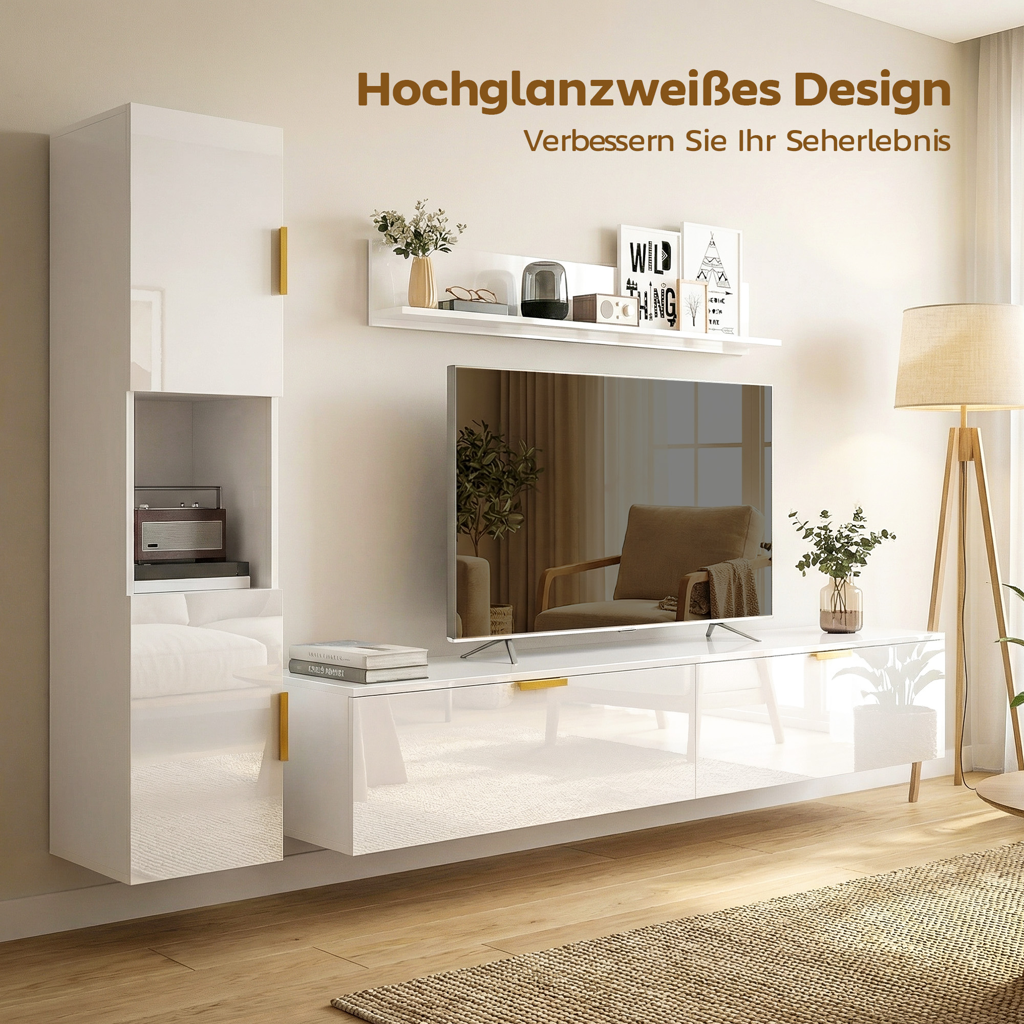 Schwebendes TV-Board mit Klapptüren Entertainment-Center Wandregal Schrank 180 cm Hochglanz Weiß
