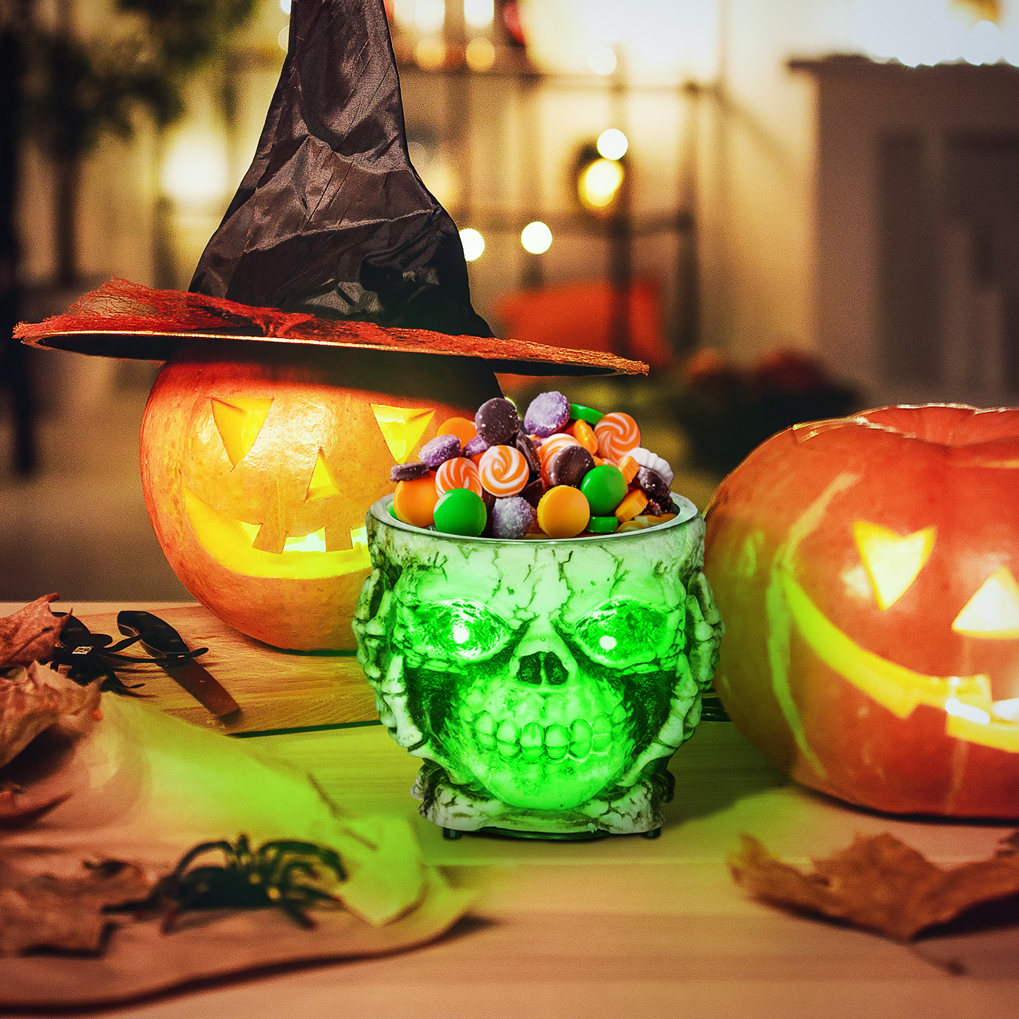 Halloweendekoration, Skelett-Süßigkeitenschale, leuchtende Augen, unheimliches Heulen, Grau/Schwarz