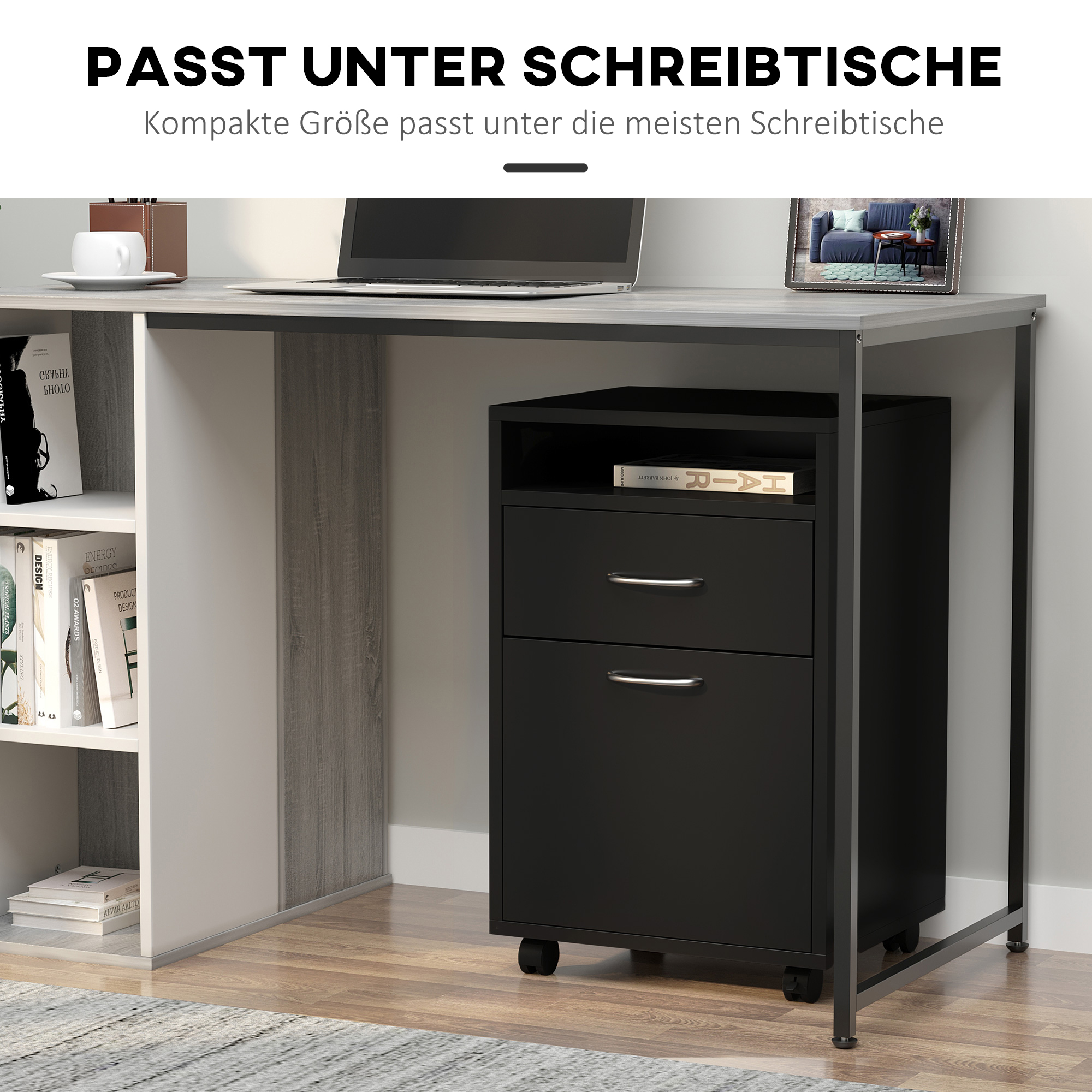 Rollcontainer Schubladencontainer Container, 1 Fach, 1 Regal, 1 Schublade, 40 cm x 3 cm x 60 cm, Schwarz