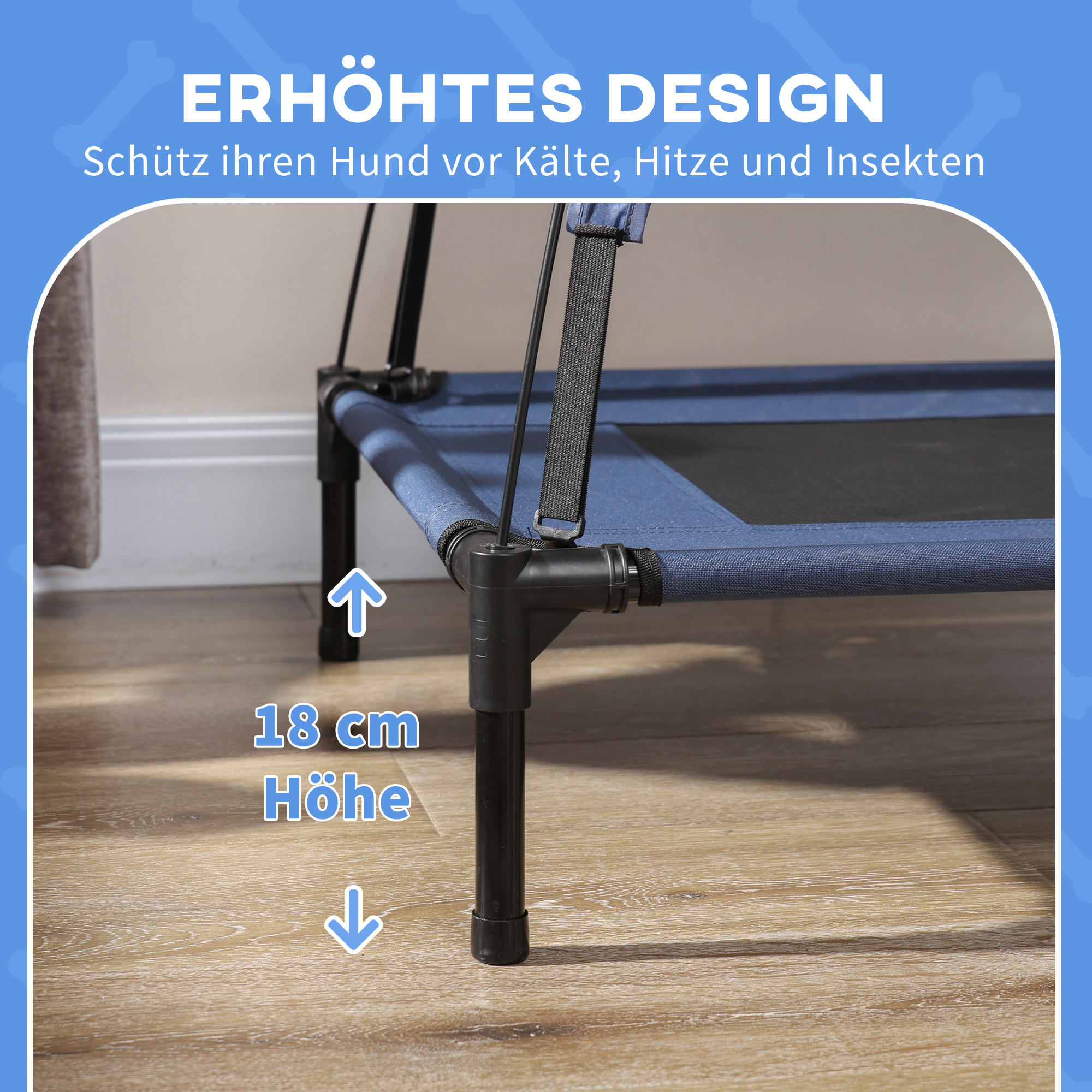 Hundebett mit Baldachin, Outdoor-Hundebett, klappbar, erhöhter Stand, Blau + Schwarz