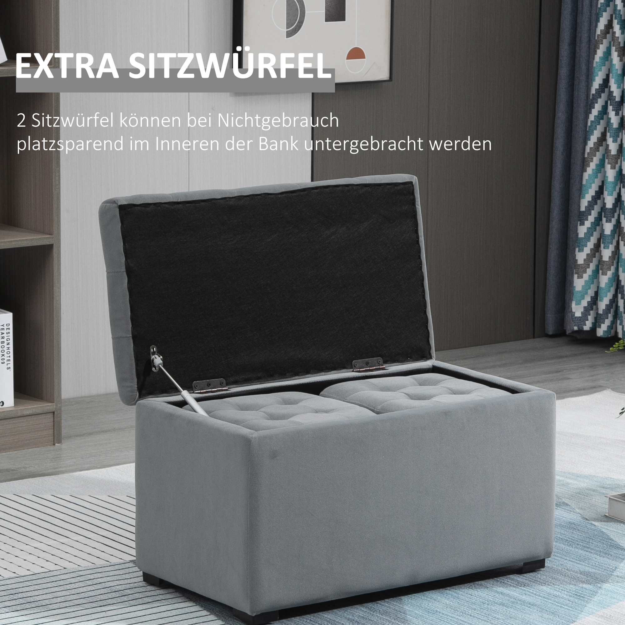 3-teiliges Set mit Stauraum, 2 x Sitzhocker, Polster-Sitztruhe, Fußhocker, Aufbewahrungsbox, Fußablage, belastbar bis 130 kg, Mikrofaserstoff, Schaumstoff, 75 x 40 x 42 cm, Hellgrau