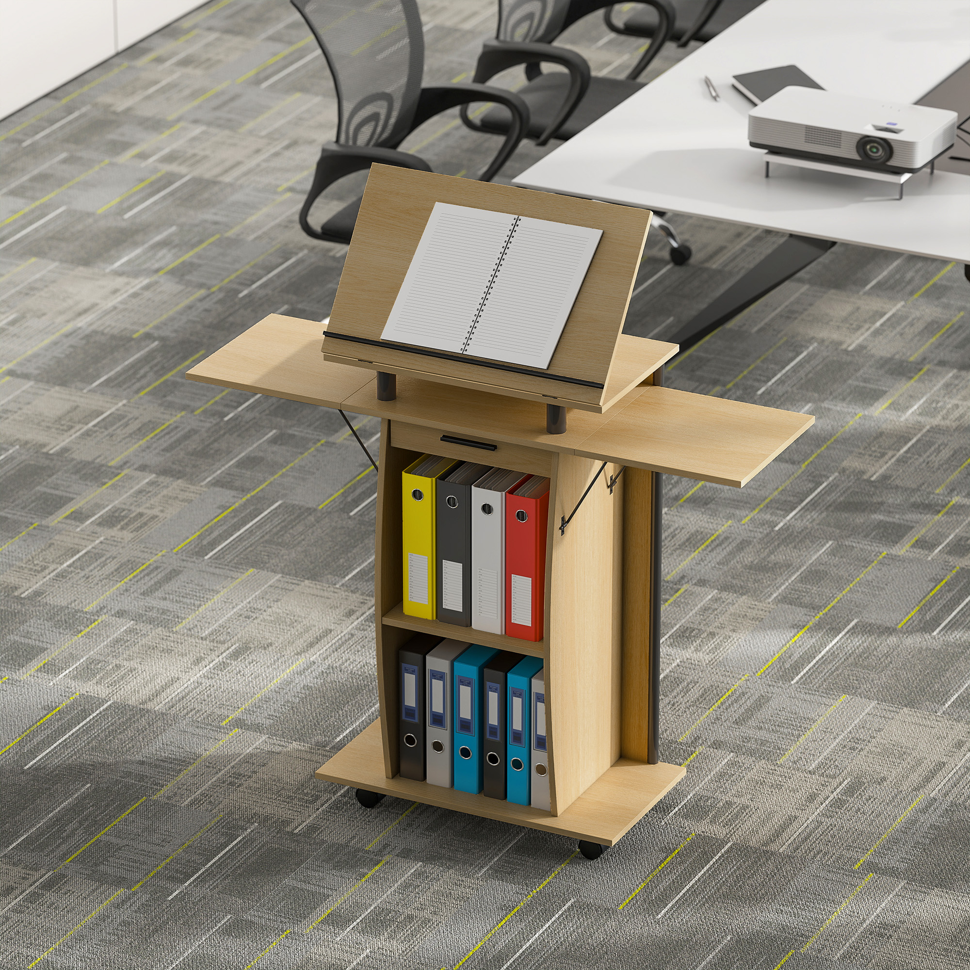 Rollbarer Podiumsständer, Redepult mit klappbaren Seitenflügeln, Laptop-Tisch mit Schublade und Regalen, Eichenoptik