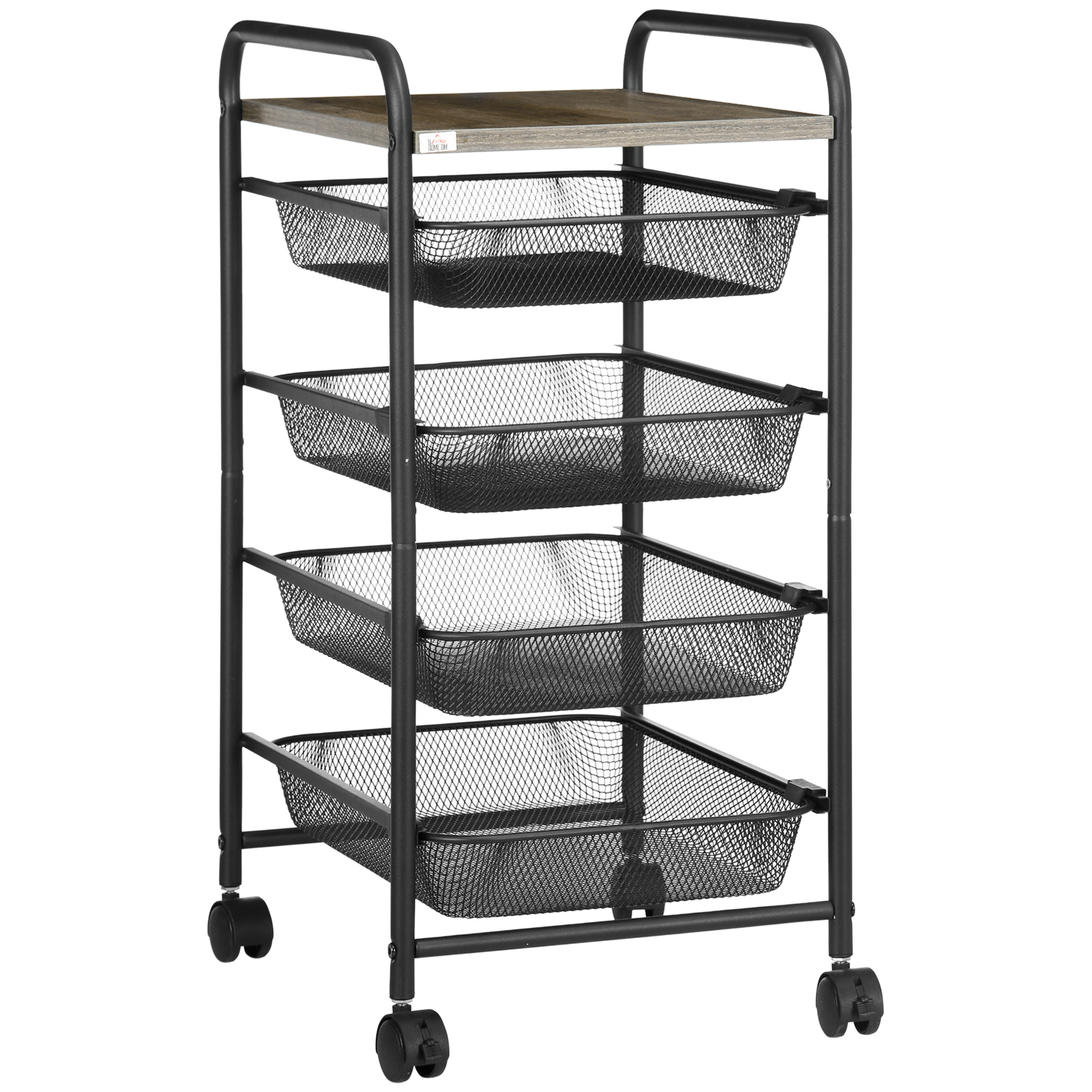Rollwagen mit 4 Körben, Küchenwagen, 4 Räder mit 2 Bremsen, Allzweckwagen, Schwarz, 41,5 x 31 x 66 cm