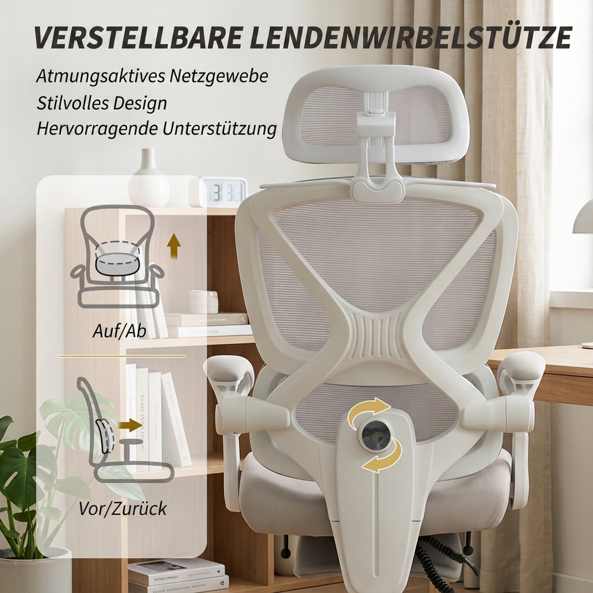 Bürostuhl, Ergonomischer Schreibtischstuhl mit Fußstütze, Wippfunktion, Armlehne, Netzstoff, Grau