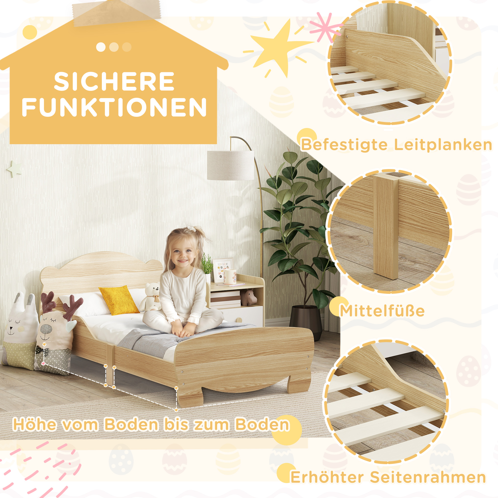 Kinderbett Jugendbett Hausbett mit Bären-Design Spielbett für 3-6Jahre Kinder 143,5 x 80 x 55 cm Naturholz