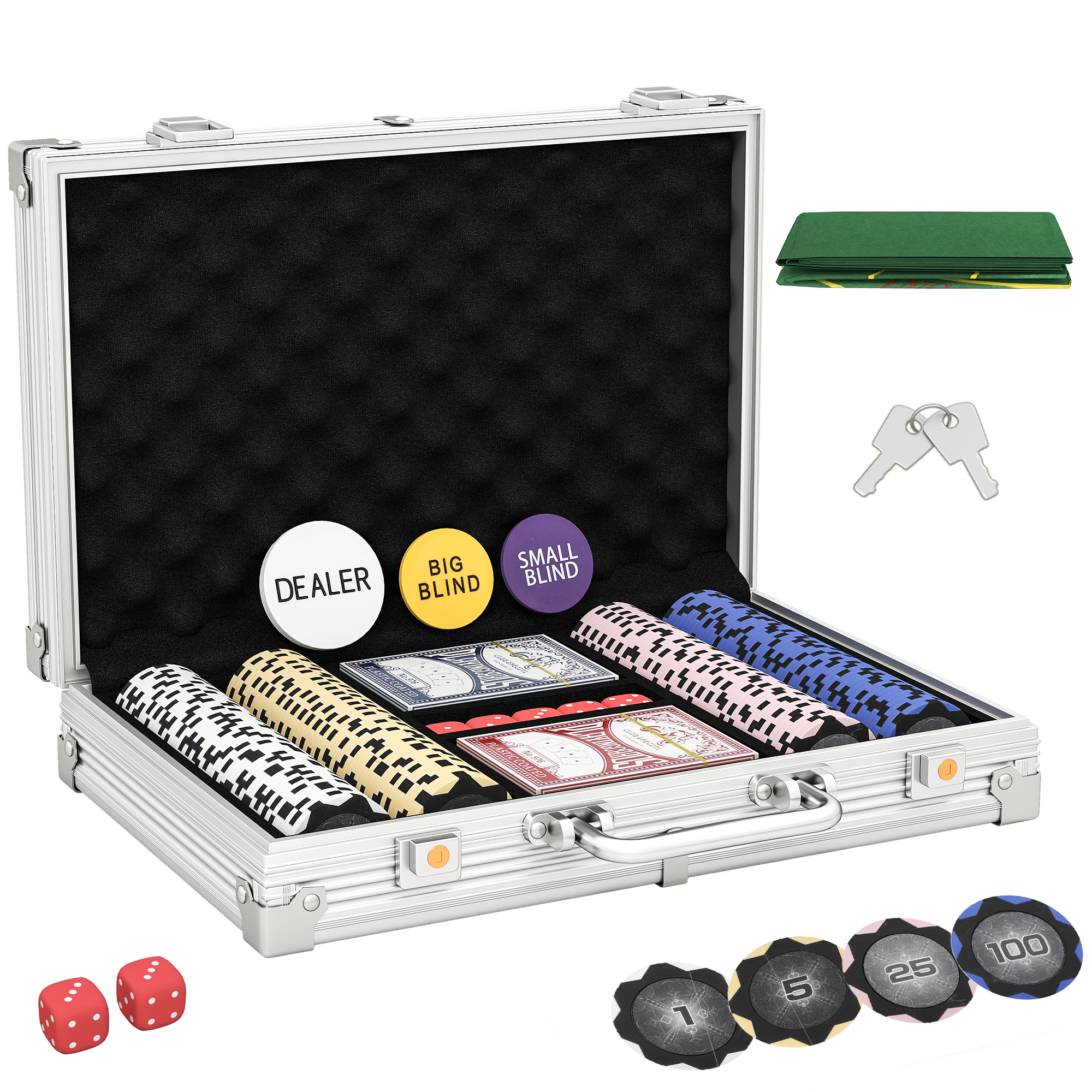 Pokerchips-Set in Koffer, mit Würfeln, Dealer-Button, 2 Kartendecks, Silberfarben