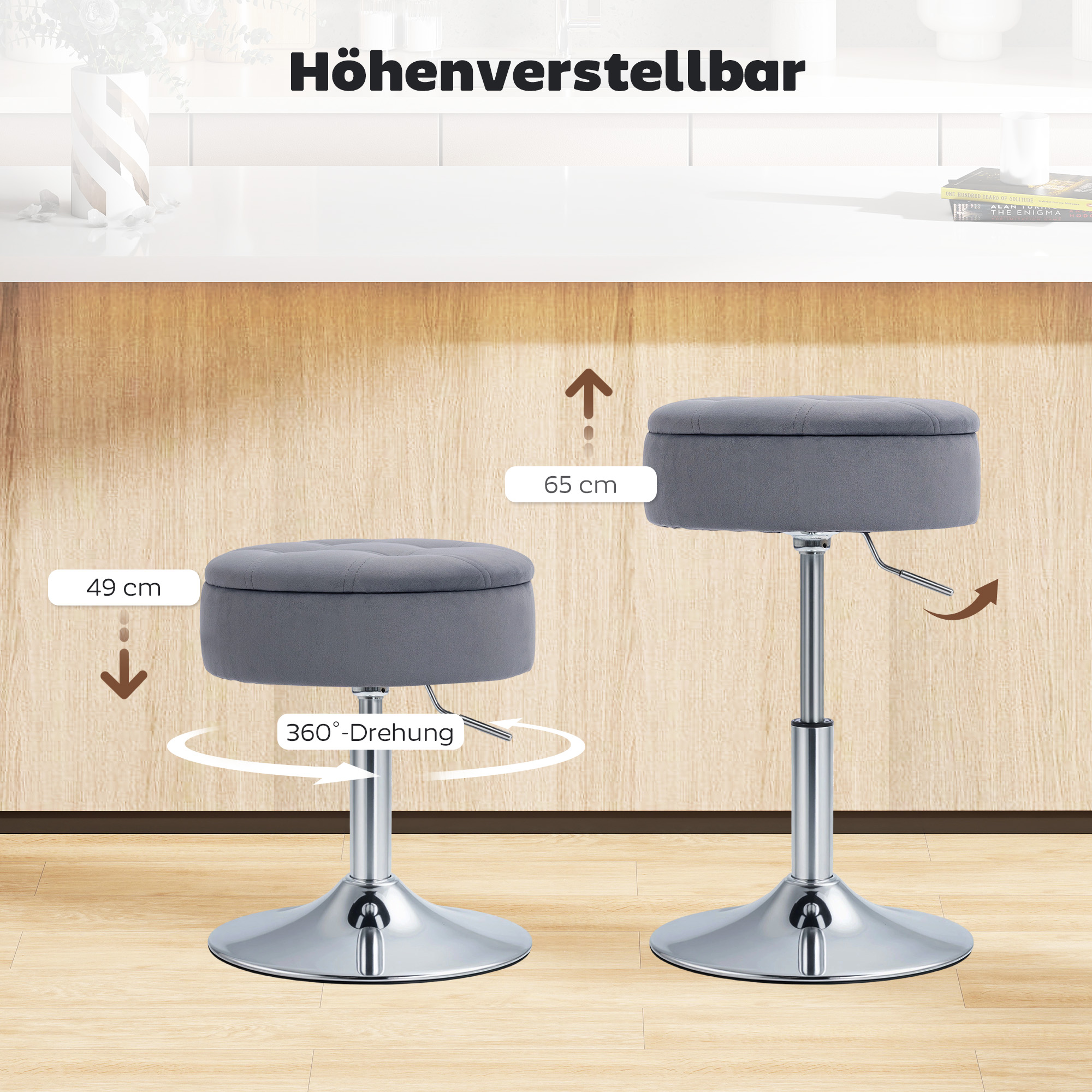 Barhocker, Bistrohocker mit Stauraum, Drehbar Barstuhl, Höhenverstellbar Küchenhocker mit Samtbezug, 39x39x65 cm, Grau