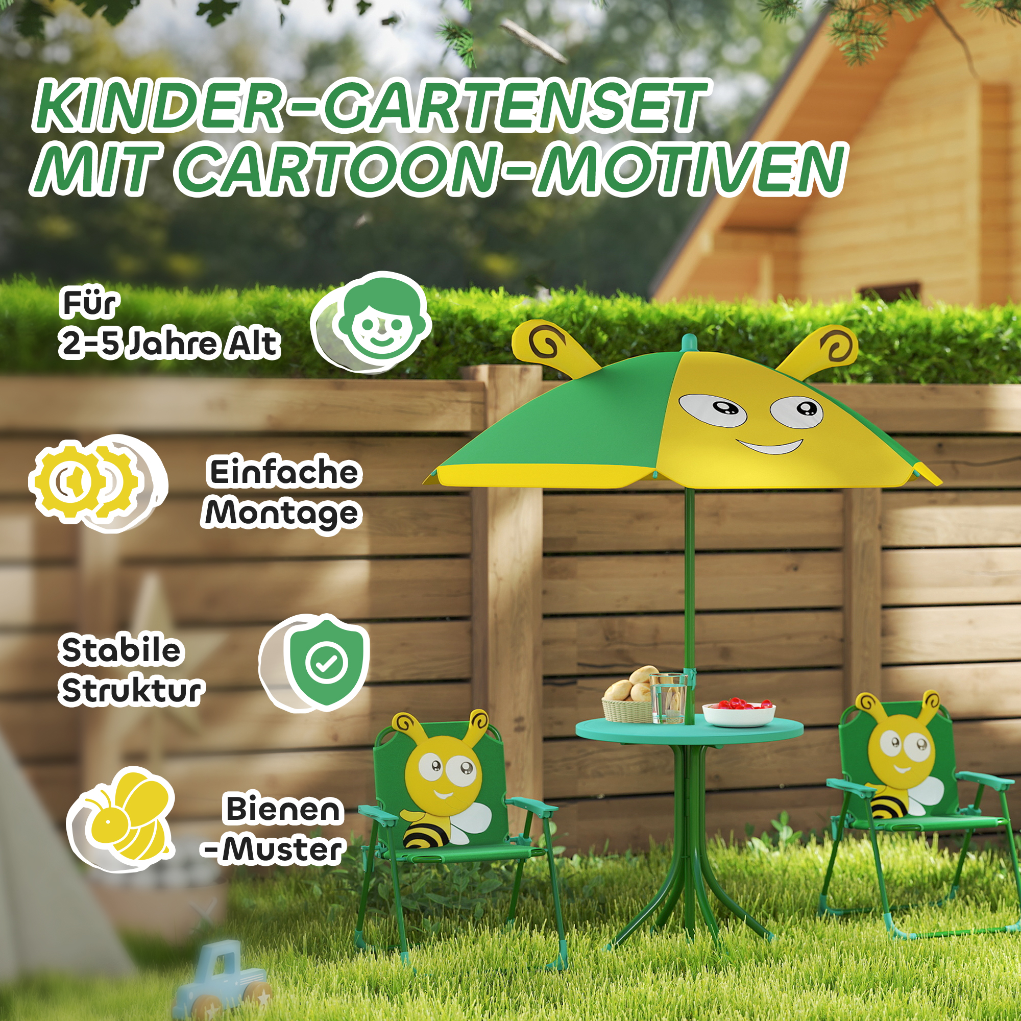 Gartenmöbel-Set für Kinder, Stühle, Tisch, Sonnenschirm, Bienen-Design, Grün+Gelb