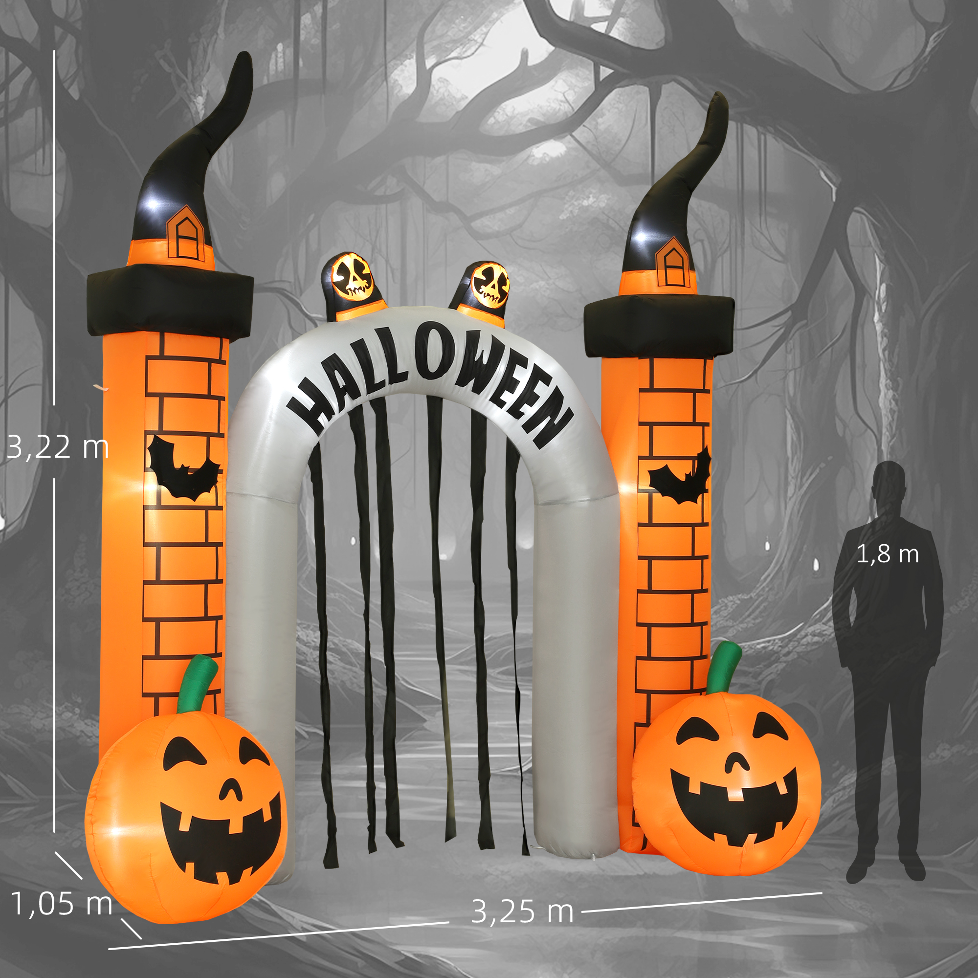 Aufblasbarer Halloween-Torbogen, Kürbis-Design, LEDs, Heringe, Polyester