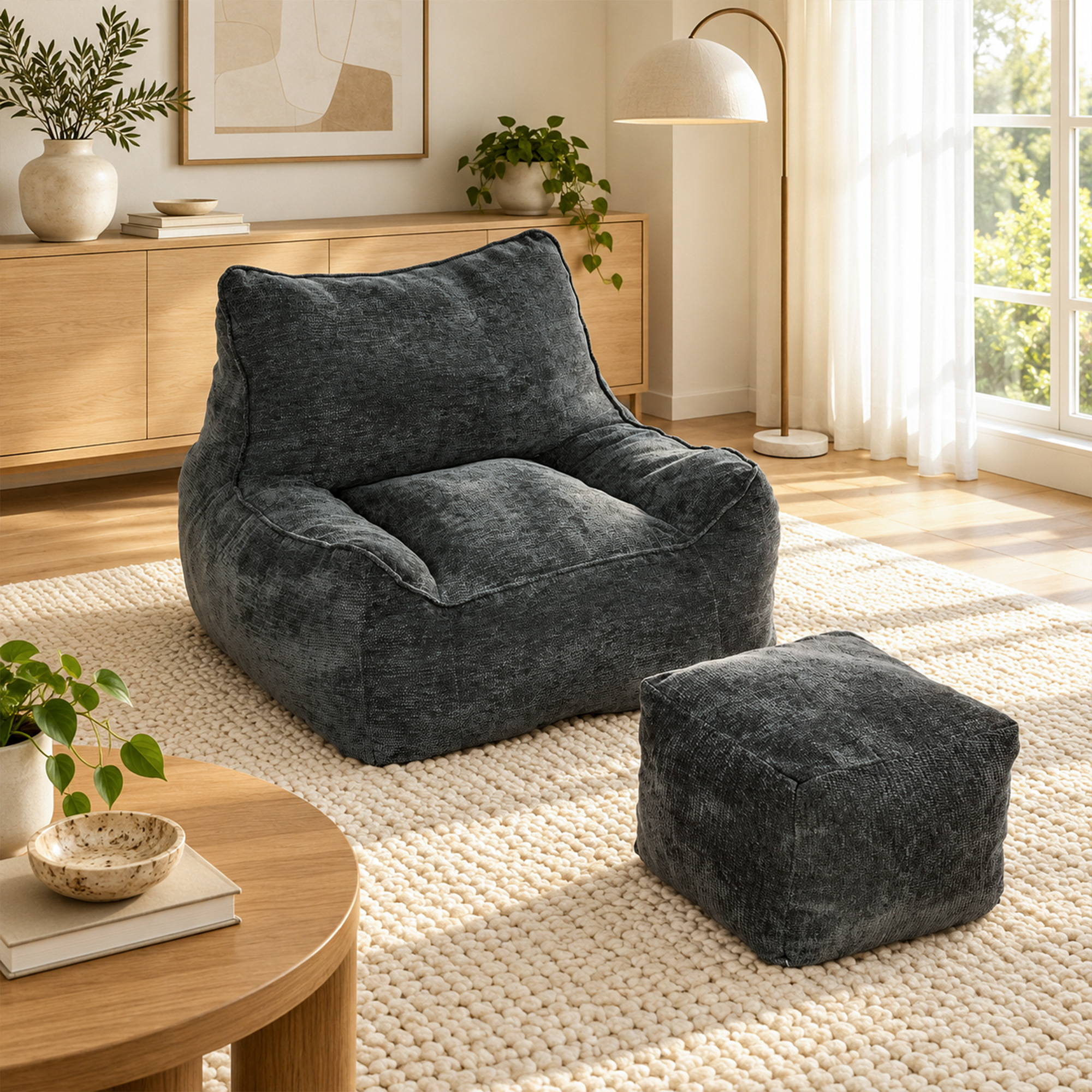 Bodensessel mit Ottoman, rahmenloser Cloud-Sessel aus Chenille, mit Rückenlehne und Armlehnen