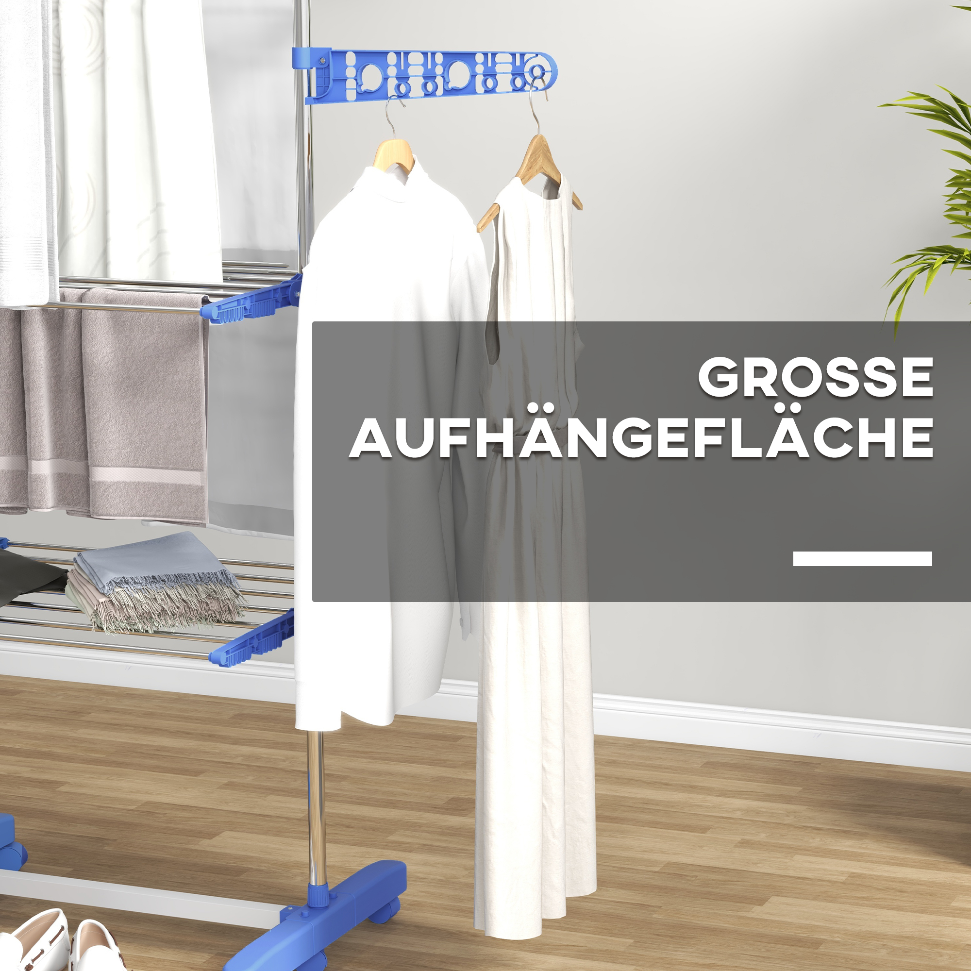 Wäschenständer Wäschetrockner, 4 Ebenen, klappbar, One-Klick-System, 142 cm x 55 cm x 152 cm Blau + Silber