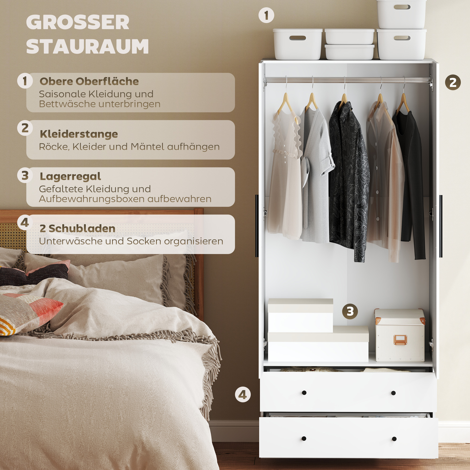 Kleiderschrank, 2 Türen, Hängebereich, Kleiderstange, 2 Schubladen, Spanplatte, Weiß
