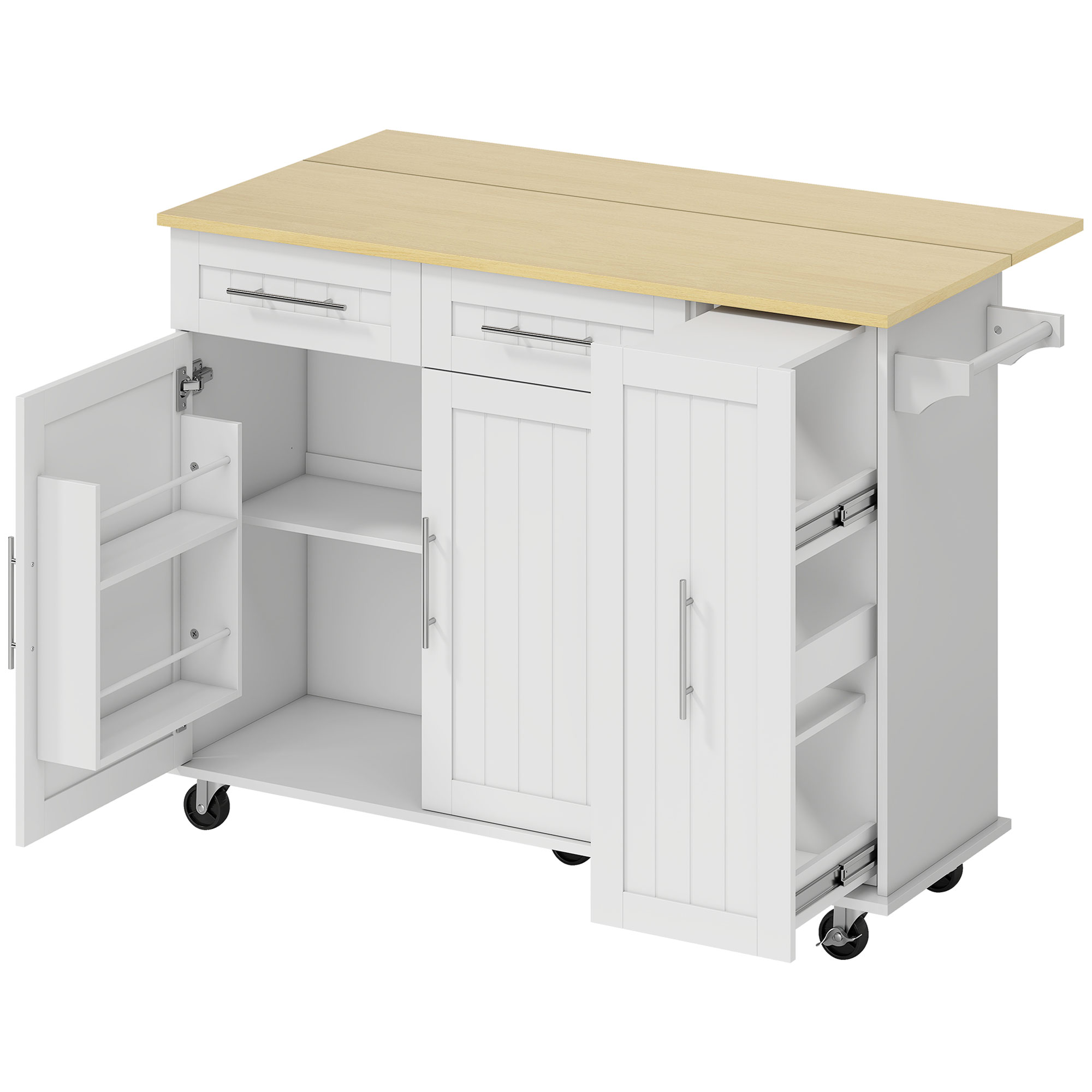 Fahrbare Kücheninsel, erweiterbare Oberfläche, Schranktüren, Schubladen, Handtuchhalter, Küchenwagen aus MDF, Weiß