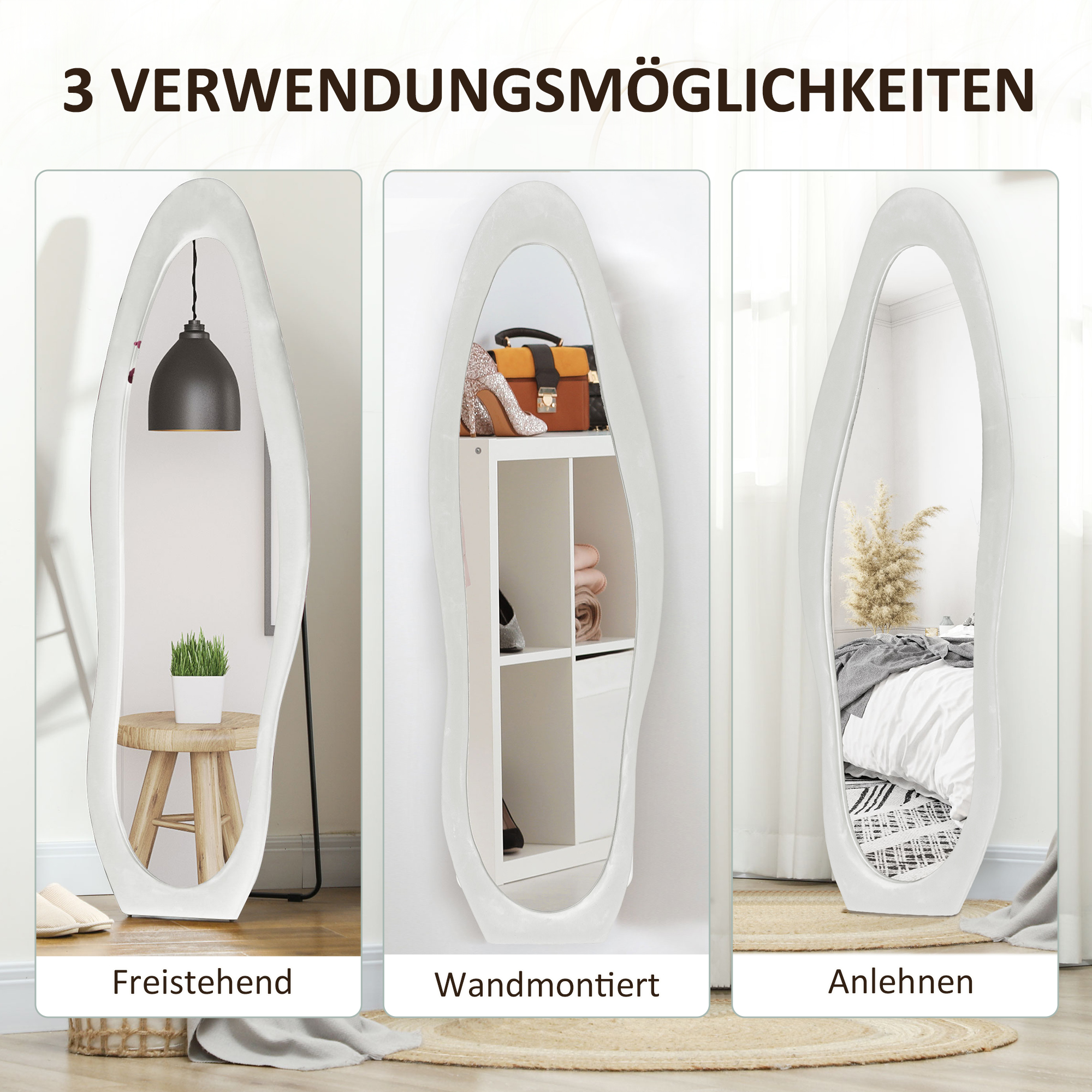 Ganzkörperspiegel, wellige Form, 160 x 50 cm, freistehend, samtartiger Rahmenbezug, Schlafzimmer, Wohnzimmer, Weiß