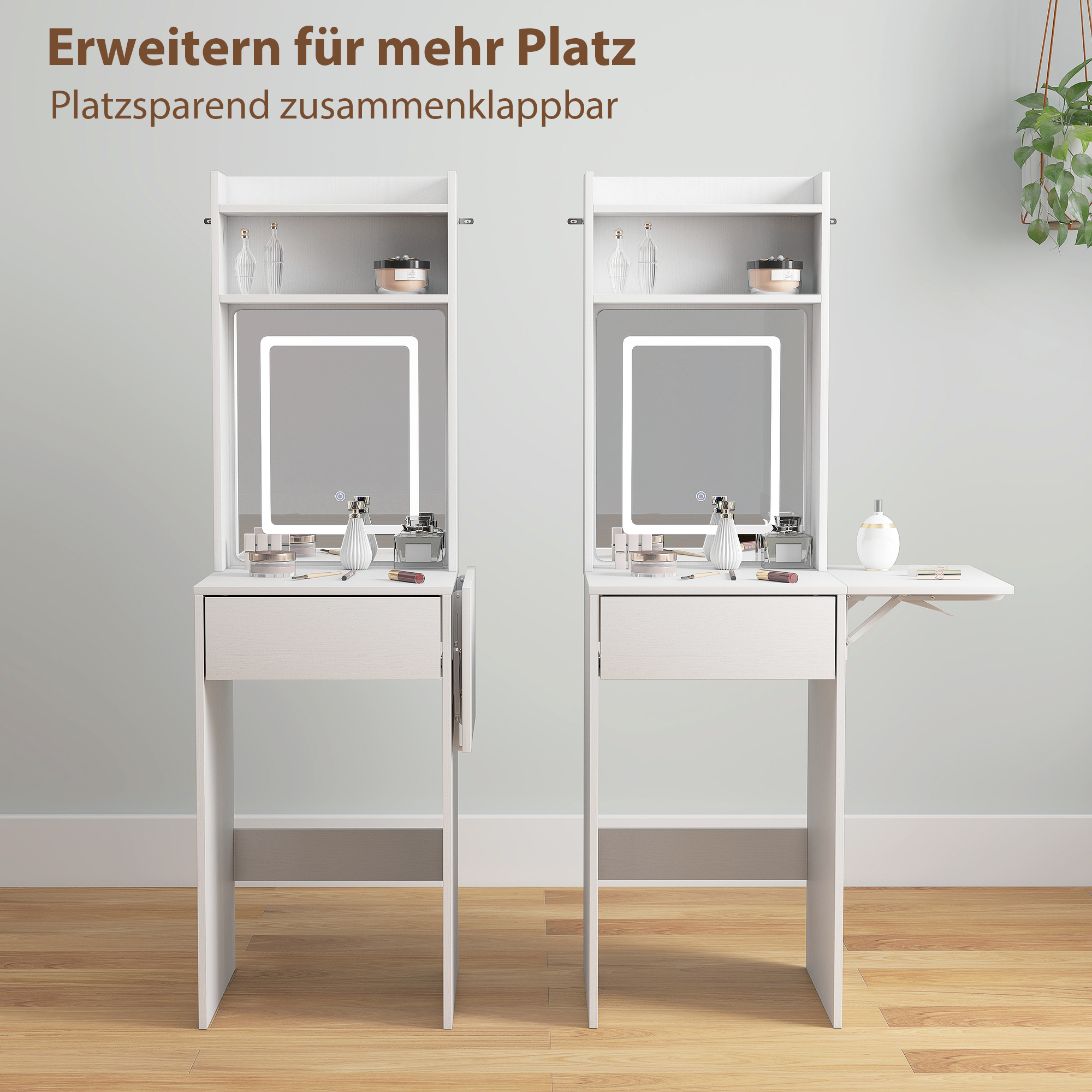 Kompakter Schminktisch mit Spiegel und LED-Beleuchtung, klappbare Tischplatte, offenere Regale, Schublade, MDF, Weiß