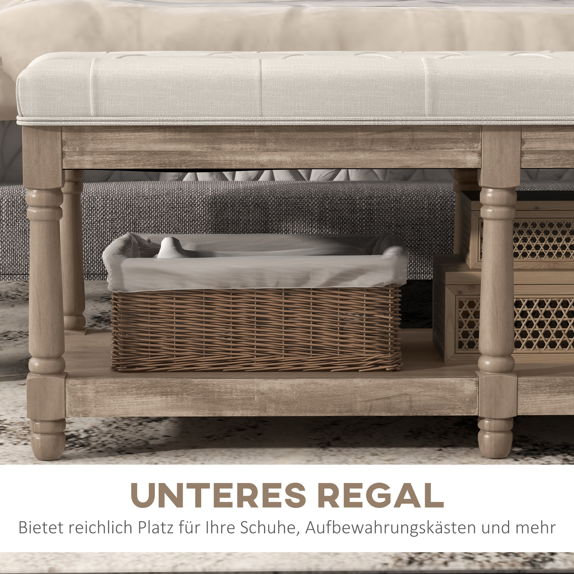 Sitzbank mit Stauraum, Vintage-Design, Knopfheftung, Kautschukbaumholz, 115x40x48cm, Cremeweiß