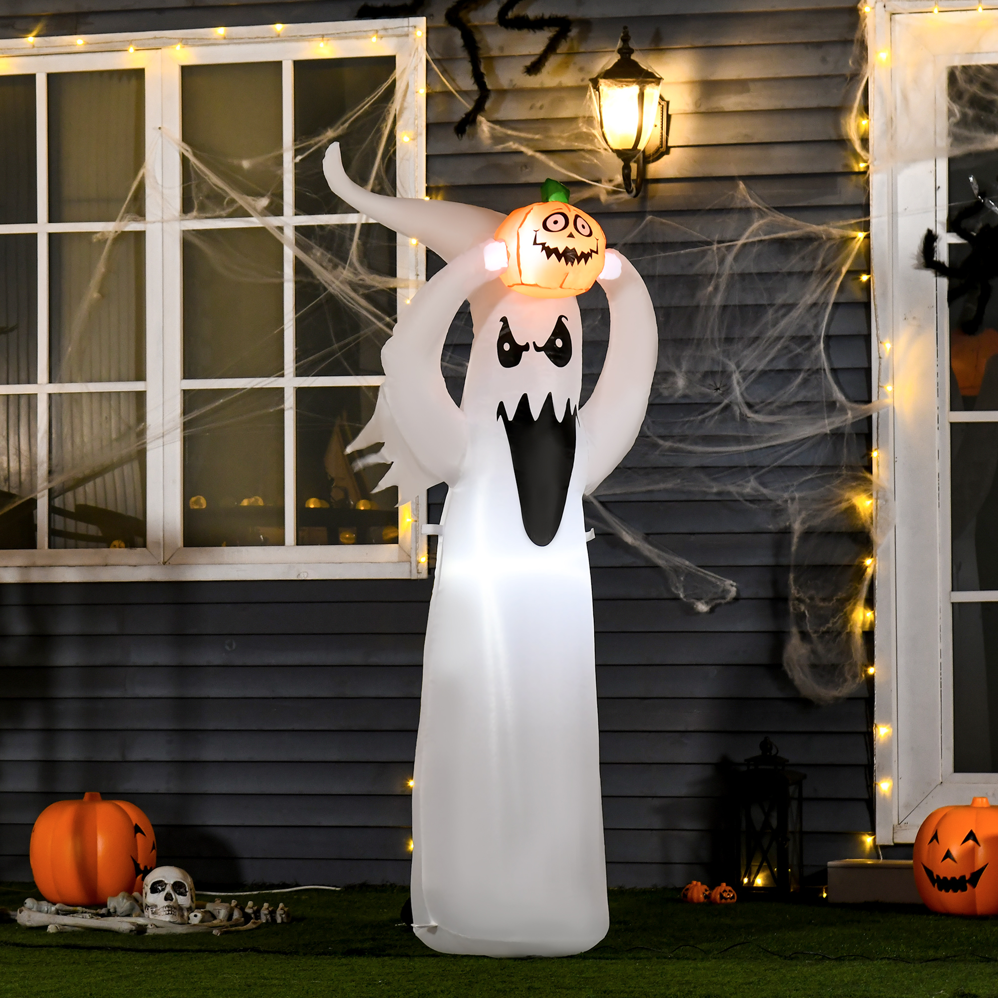 Halloween aufblasbares Gespenst 1,8 m Dekoration mit LEDs Weiß + Orange Polyester 80 x 40 x 180 cm