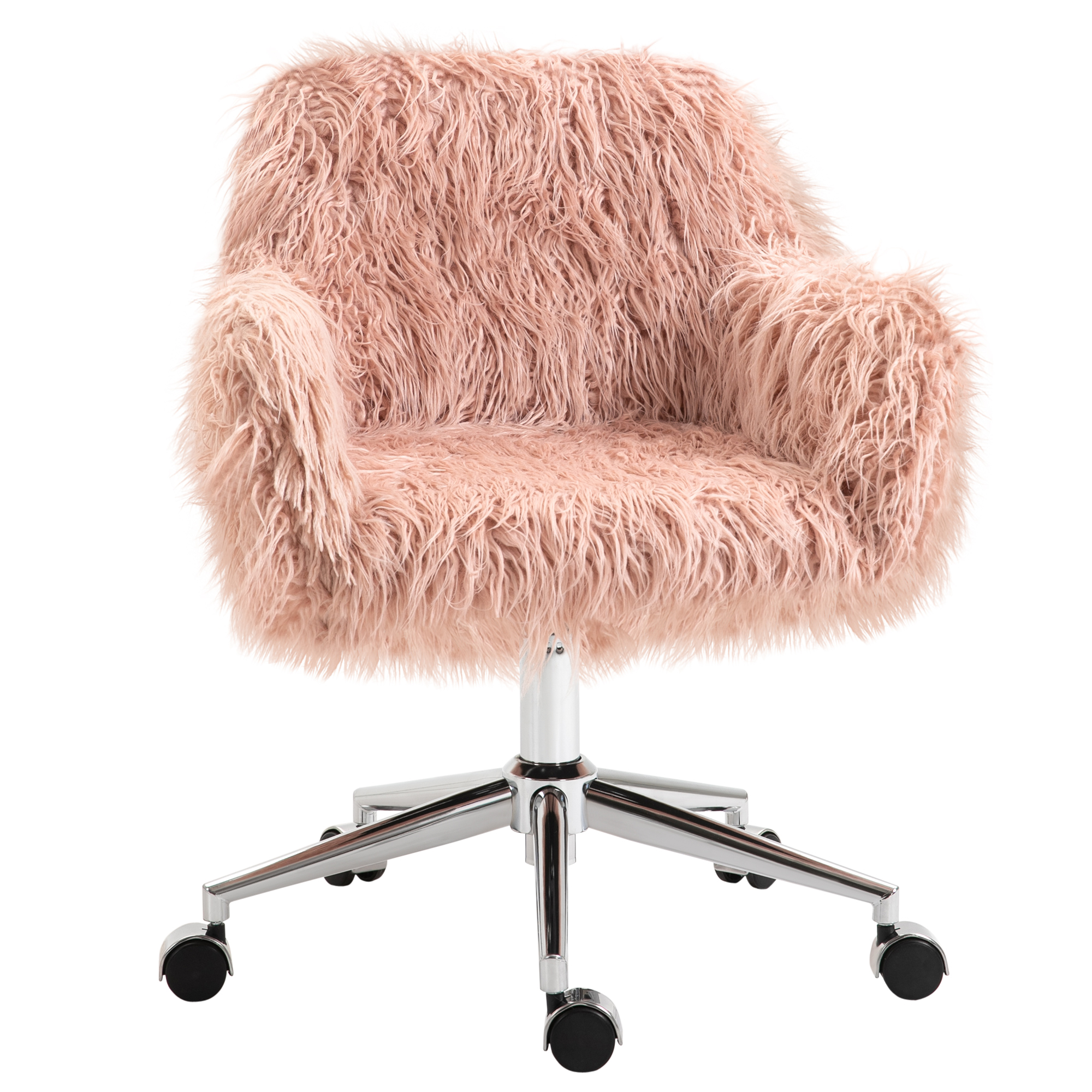 Chefsessel Drehstuhl Computerstuhl Schminkstuhl mit Kunstfell Sitzhöhenverstellung für Mädchen Kunstpelz Schaumstoff Rosa+Silber 57 x 60 x 75-85 cm