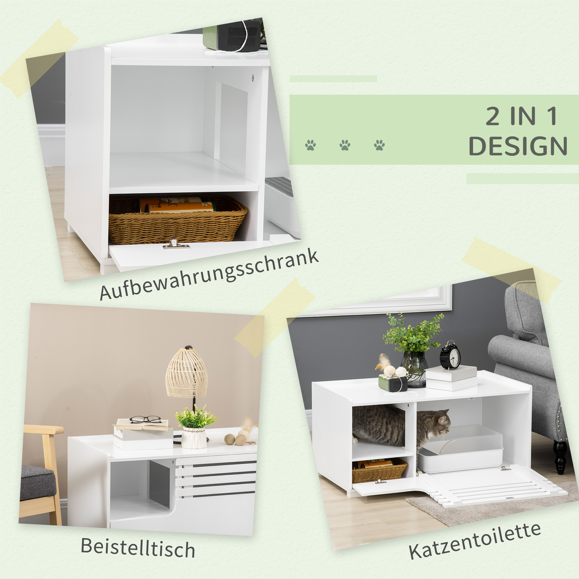 Katzenschrank mit 2 Regalen 2-in-1 Design Magnettür Weiß