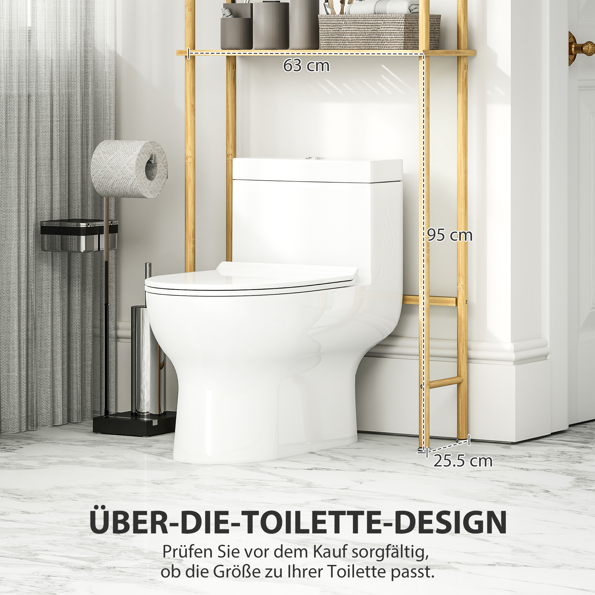 Toilettenregal 3 Ebenen Badezimmerregal, platzsparend Naturholz 69 x 25,5 x 181 cm