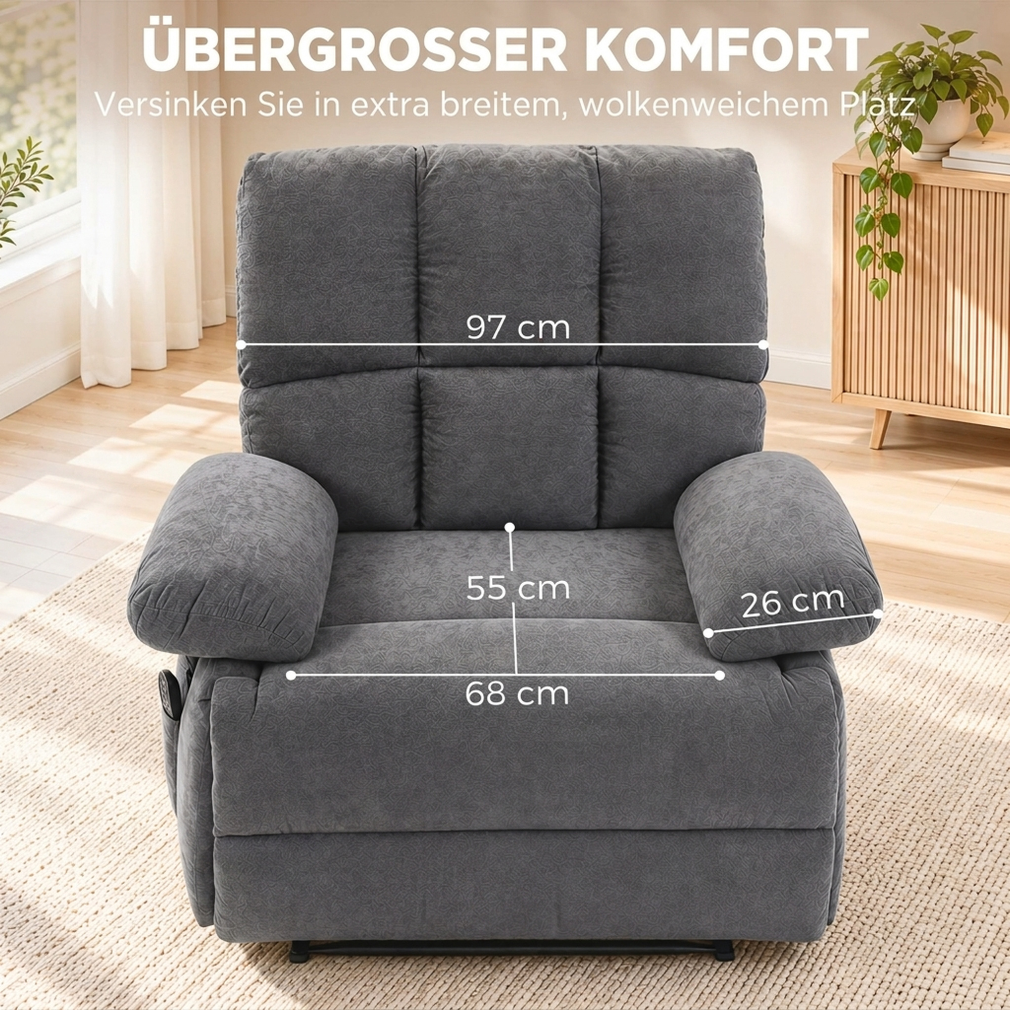 Massagesessel mit Wärmefunktion, bequemer Fernsehsessel mit Fußablage, Grau