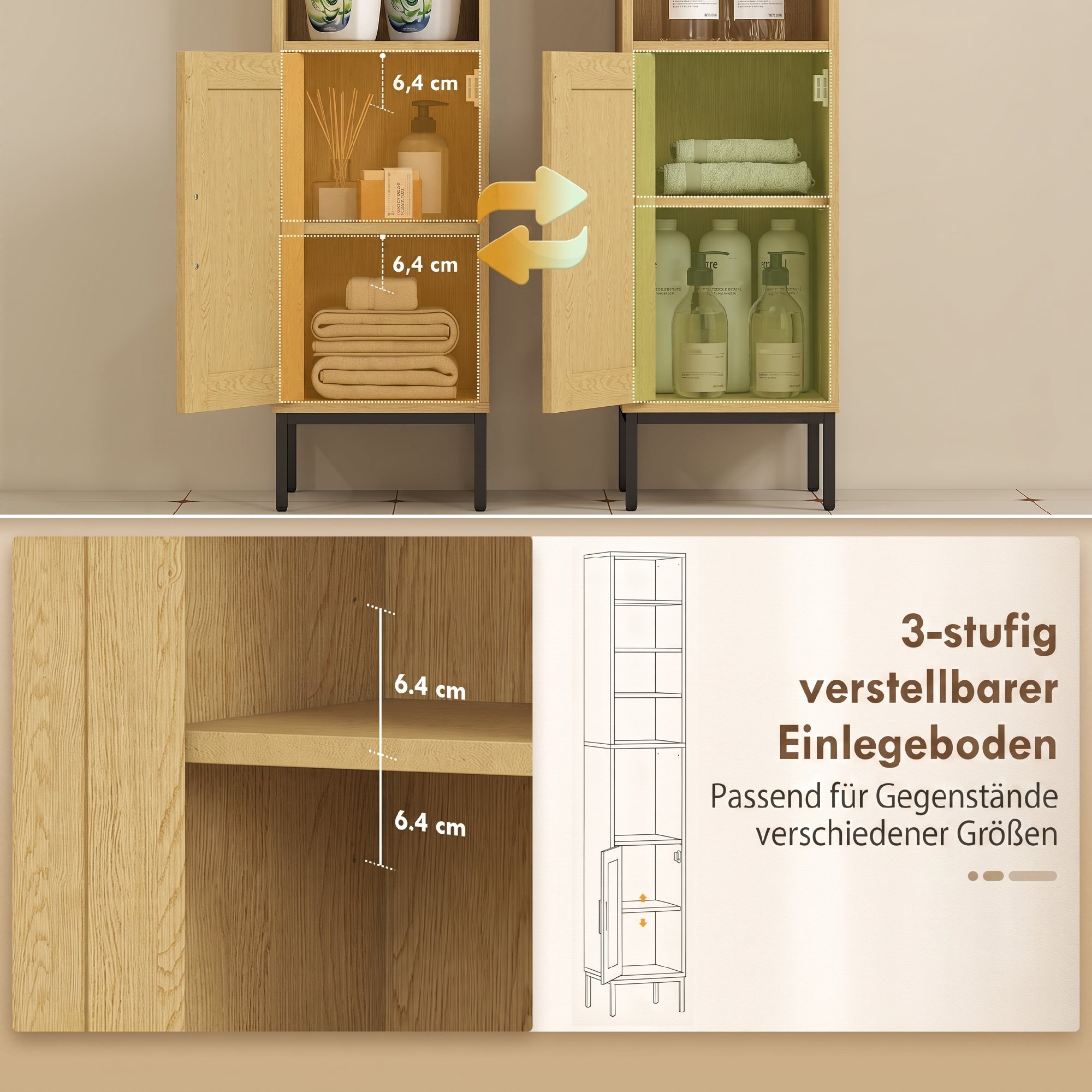 Hoher Badezimmerschrank, schmaler Badschrank mit offenen Ablagen und verstellbarem Einlegeboden, Naturholzoptik