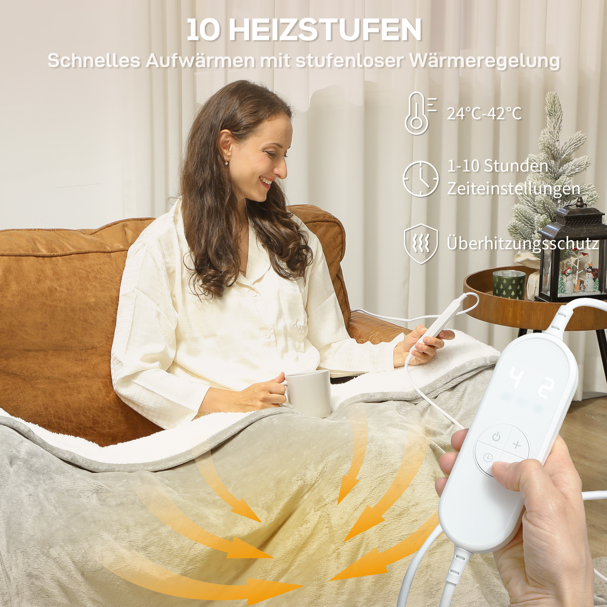 Heizdecke 180 x 130 cm Elektrische Wärmedecke mit 10 Heizstufen, 10 Stunden Timer Überhitzungsschutz LED Anzeige