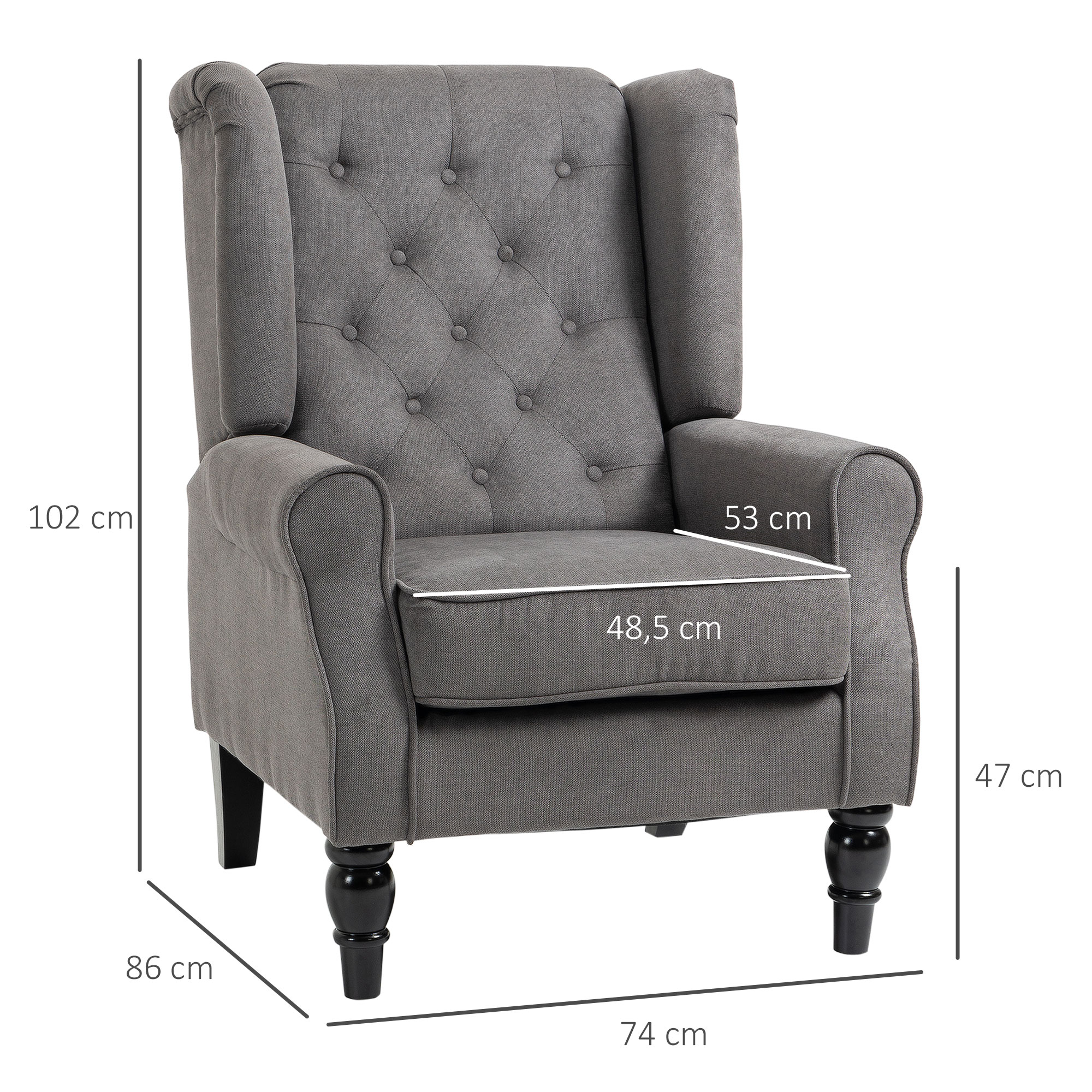 Ohrensessel im Vintage-Design, Lesesessel, Akzentsessel, Holzbeine, Knopfheftung, Grau + Schwarz