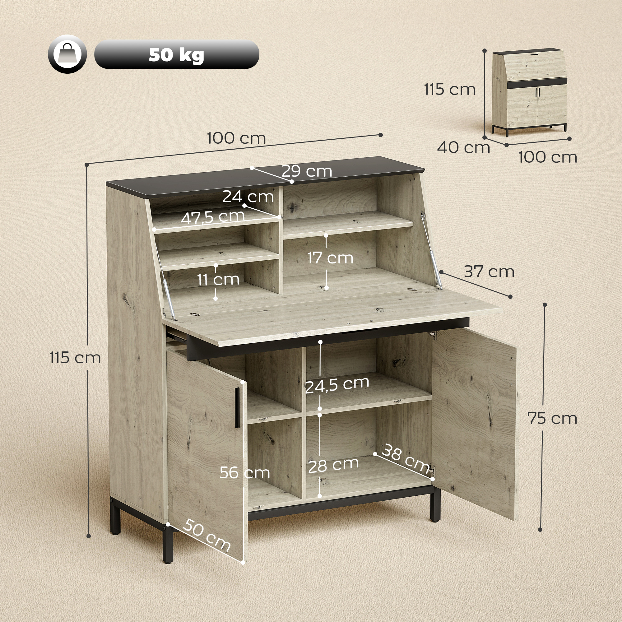 Industrieller Sekretär-Schreibtisch mit Regalen und Metallrahmen 100 cm Naturholz und Schwarz