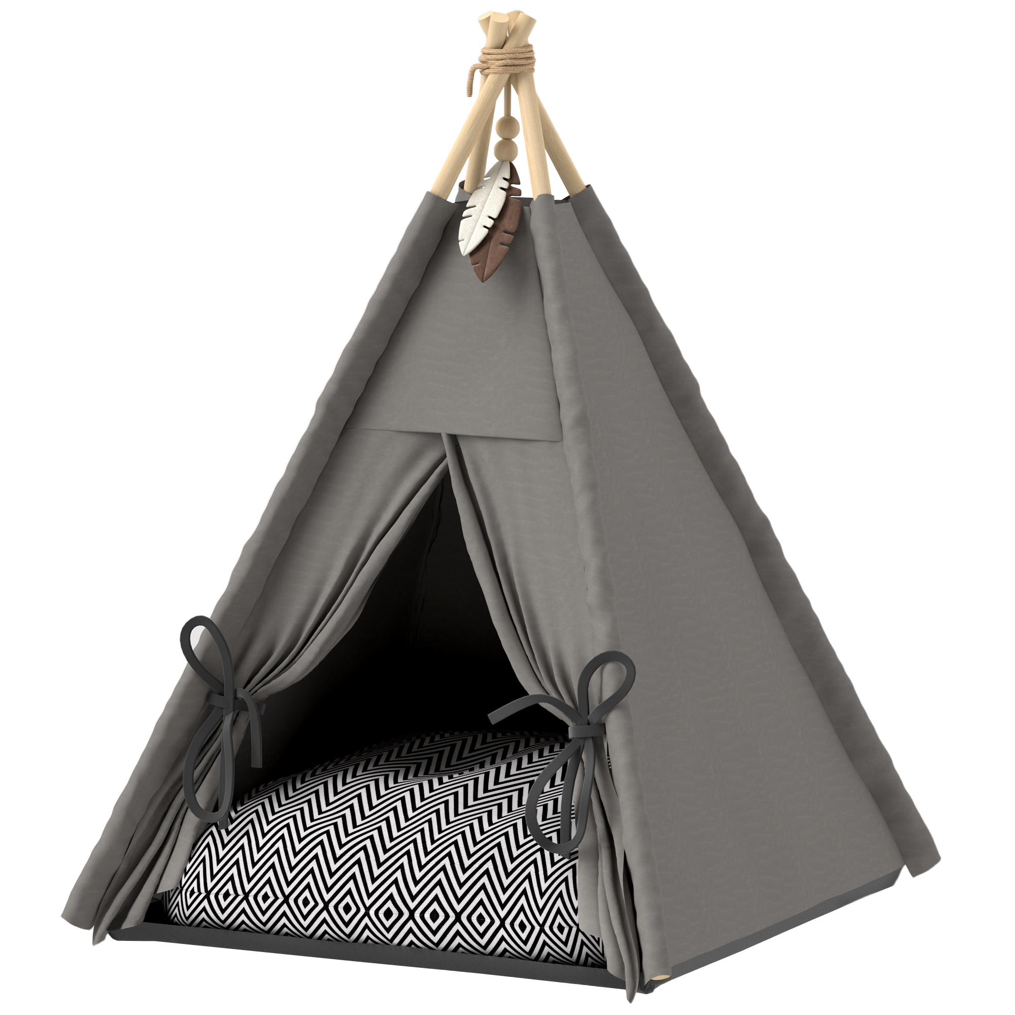 Tipi-Zelt für Haustiere, Tierbett im Tipi-Design, Katzenzelt mit Kissen, Hundebett zum Schlafen, Katzenbett, Grau