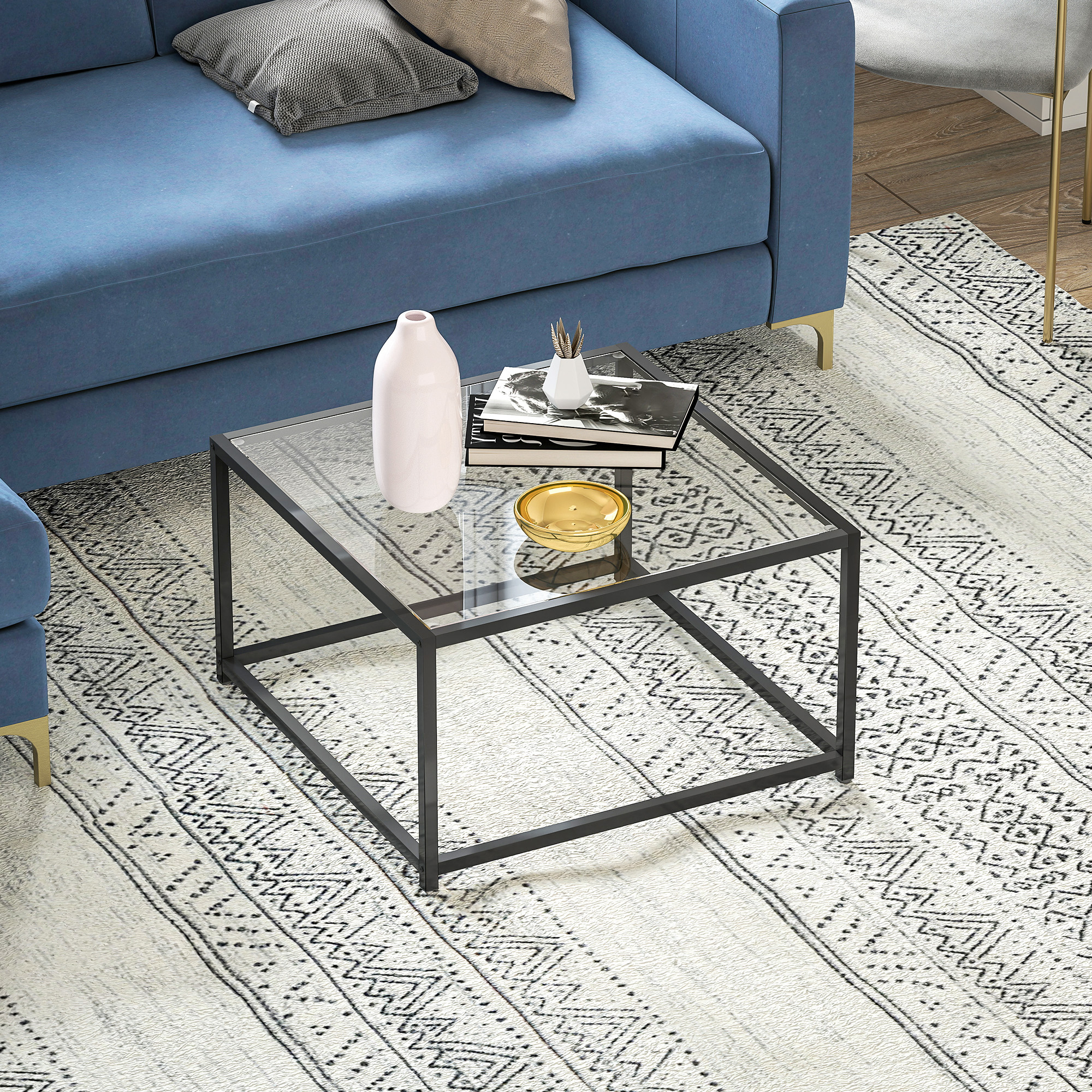 Beistelltisch Quadratisch Nachttisch mit Hartglas-Tischplatte, Couchtisch mit Beinen aus Stahl 68 x 68 x 39 cm Schwarz