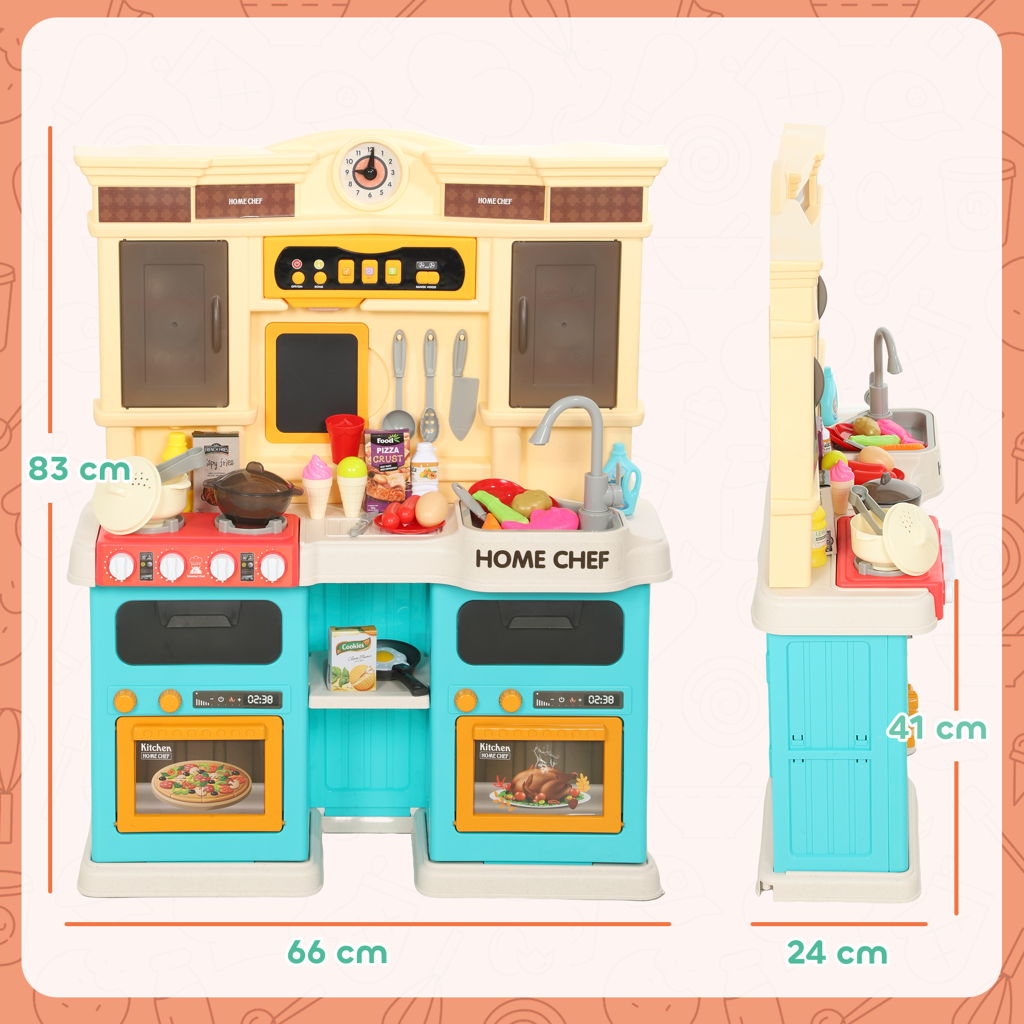 Spielküche mit fließendem Wasser, 85-teiliges Zubehör, elektrischer Wasserhahn, Lichter, Geräusche, für Kinder von 3-6 Jahren, Kunststoff, Grün