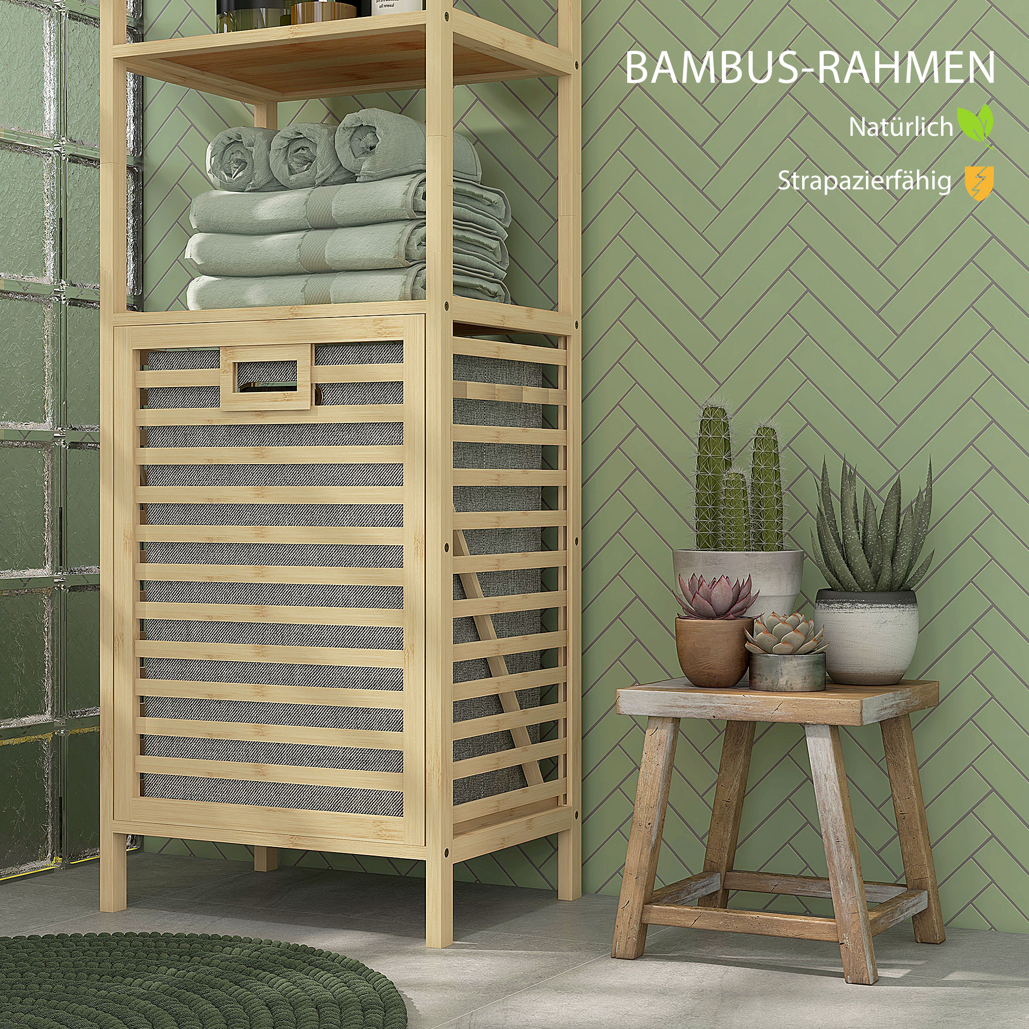 Badezimmerregal, mit Wäschesammler, 3 Regalböden, Bambusrahmen, 44x33x160cm, Natur